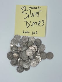 VARIOUS LOT OF 69 COUNT SILVER DIMES - MV: $138