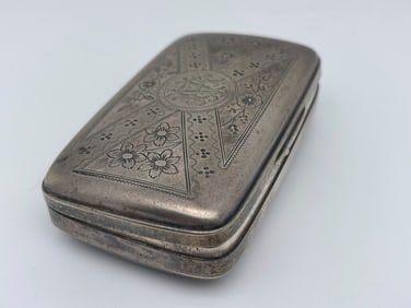 1860-Dated Civil War Period, Hand-Engraved Rectangle Tin Snuff Box with Floral Scene