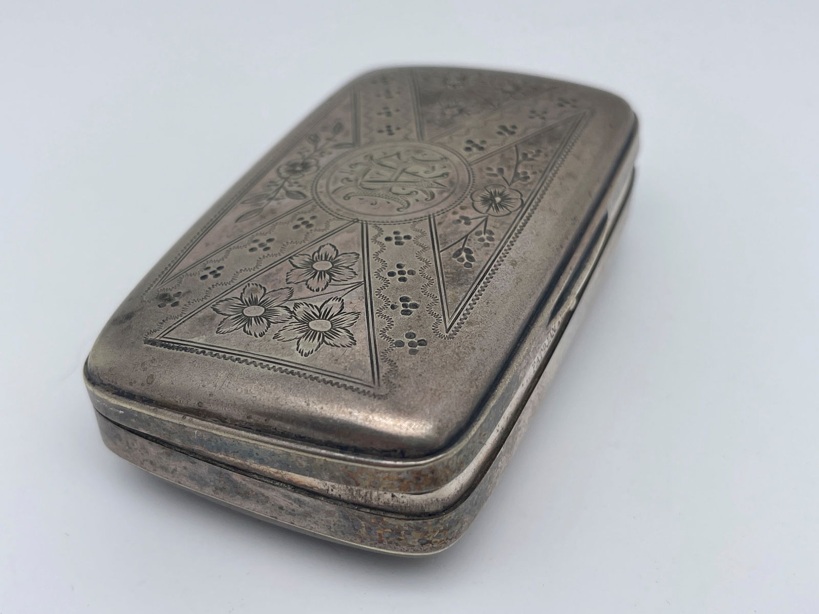 1860-Dated Civil War Period, Hand-Engraved Rectangle Tin Snuff Box with Floral Scene (1 of 1)
