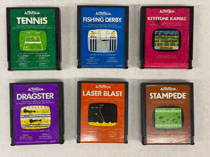 SET OF FOUR (6) ACTIVISION GAME CARTS: SET OF FOUR (6) ACTIVISION GAME CARTS FOR THE ATARI VIDEO COMPUTER SYSTEM. WITH TENNIS. FISHING DERBY. KEYSTONE KAPERS. DRAGSTER. LASTER BLAST. STAMPEDE.