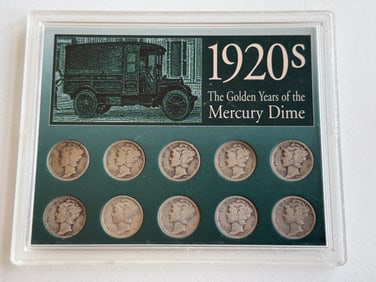 The Golden Years of Mercury Dimes 10 Coins 90% Silver 1920s Collector Case P-D-S