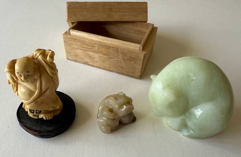RARE POSSIBLE JADE / IVORY CARVED PROSPERITY SYMBOLS: RARE POSSIBLE JADE / IVORY CARVED PROSPERITY SYMBOLS. BUDDAH IN A BOX WITH A WOODEN BASE. ABOUT 2 INCHES TALL. UNKNOWN MATERIAL. FOO DOG POSSIBLE JADE / STONE. POLAR BEAR LOOKS LIKE GREEN JADE ABOUT 3