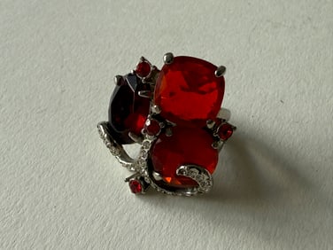SAPPHIRE CUSHION GARNET AND STERLING SILVER RING WITH DIAMONDS.  UNTESTED MATERIALS.