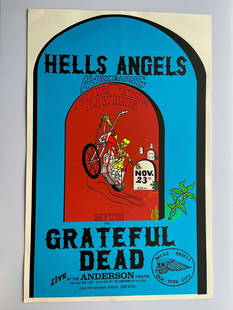GRATEFUL DEAD - HELLS ANGELS: GRATEFUL DEAD - HELLS ANGELS. 23 X 35. 1971. SCREEN PRINT. HEAVY STOCK. 1971 REPRINT. POSSIBLY DONE BY WARHOLS FACTORY IN NY. WITH LETTER OF PROVENANCE. POSSIBLY FROM AVANTE GARDE MAGAZINE PROMOTION.