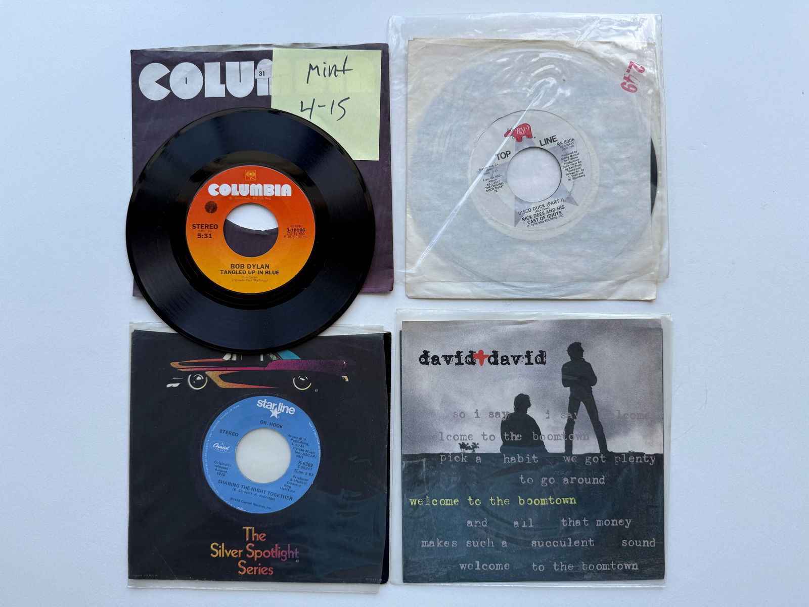 BOB DYLAN - DR. HOOK: TANGLED UP IN BLUE. DISCO DUCK. SHARING THE NIGHT TOGETHER. DAVID & DAVID WELCOME TO THE BOOMTOWN.