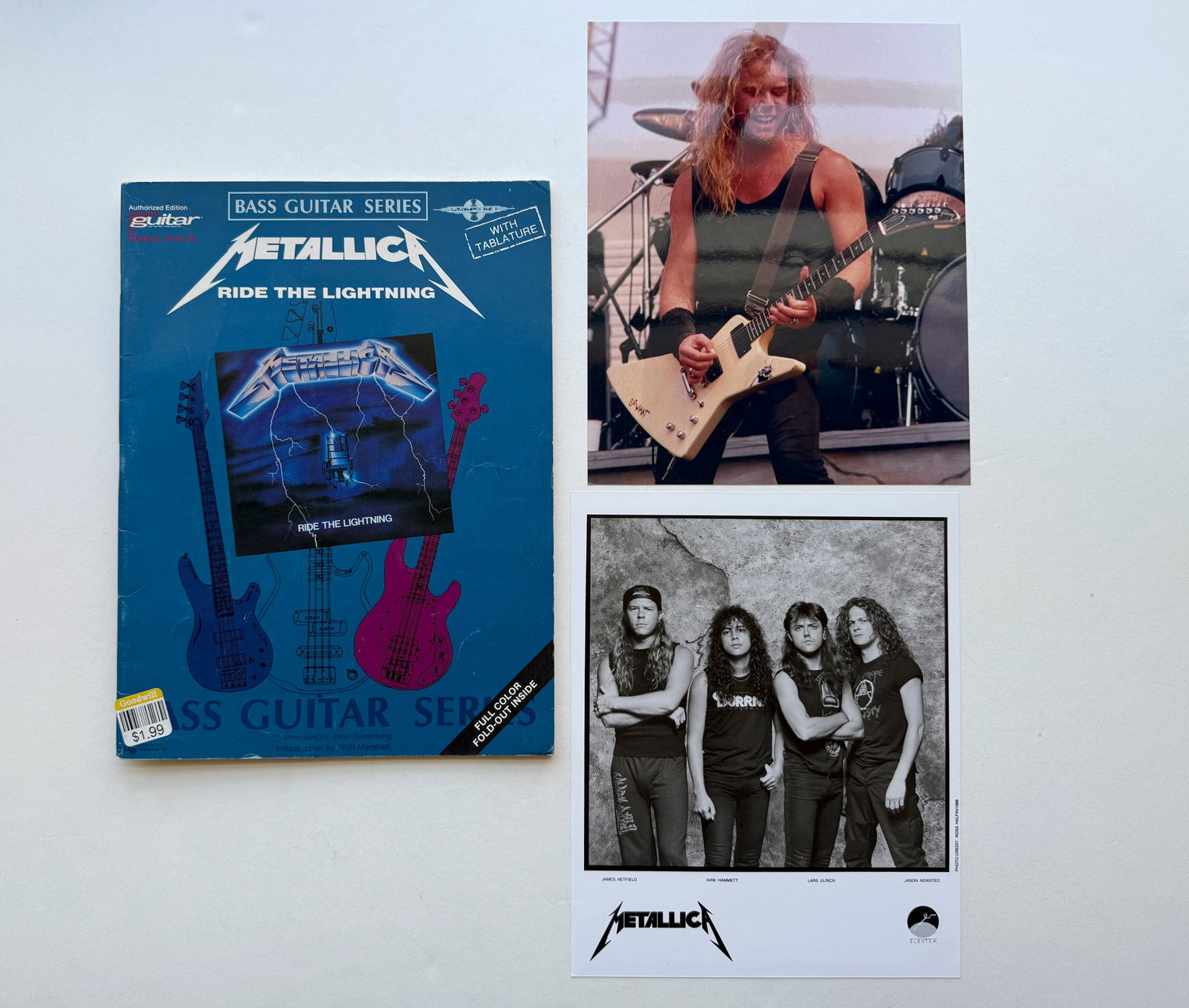 METALLICA SET: PRESS PHOTO, PHOTO AND MUSIC BOOK. SUITABLE FOR FRAMING. EACH SET MAY CONTAIN BOOKPLATES, STICKERS, TRADING CARDS, POSTCARDS, PHOTOS, BACKSTAGE PASSES, TICKET STUBS, PRESS PHOTOS AND OTHER VARIOUS EPH