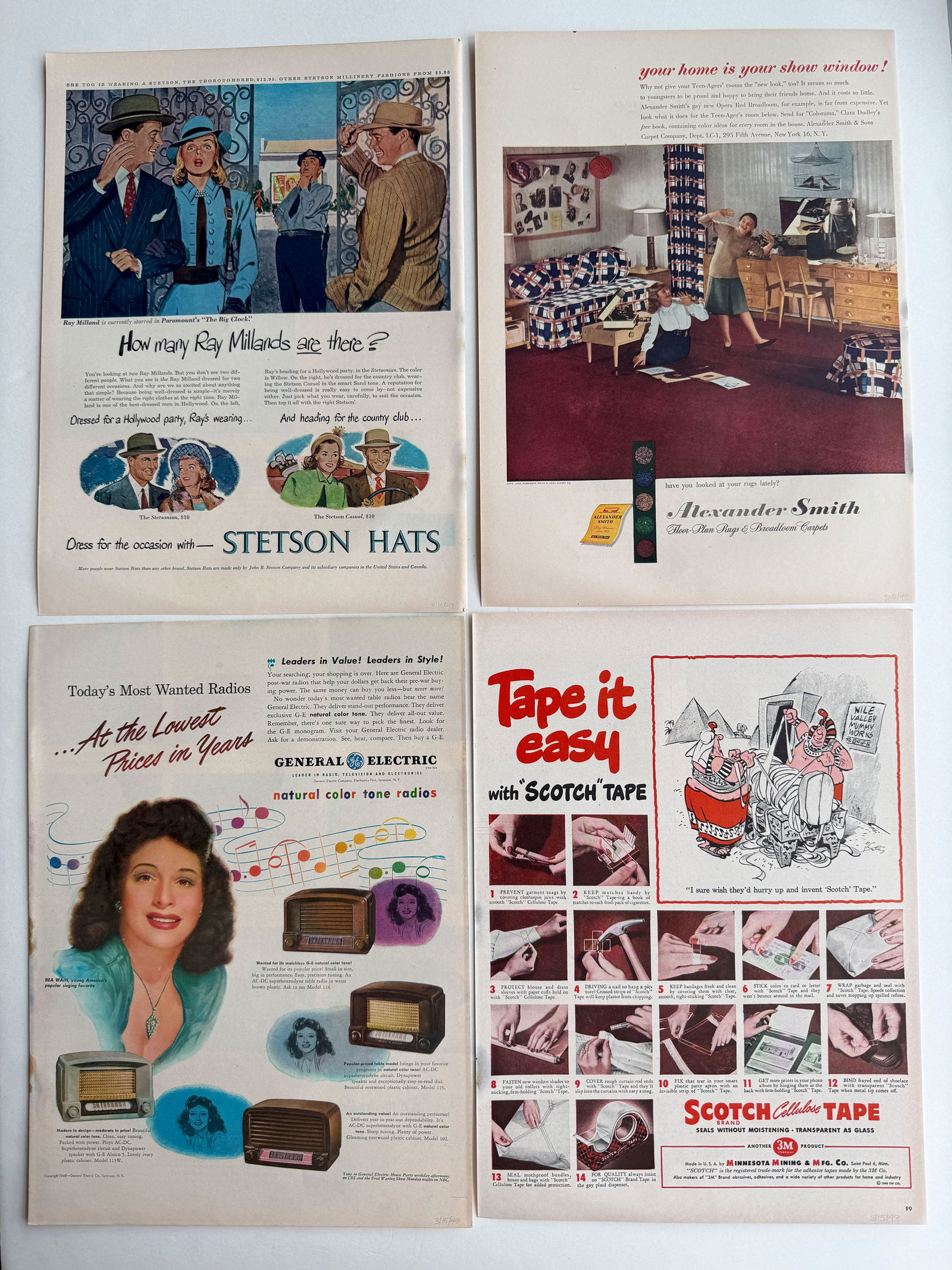 VINTAGE MAGAZINE BOOKPLATES - STETSON HATS, SCOTCH TAPE: SUITABLE FOR FRAMING. VINTAGE MAGAZINE BOOKPLATES - STETSON HATS 1948, SCOTCH TAPE 1948, RUGS FROM ALEXANDER SMITH. GENERAL ELECTRIC RADIO AD FROM 1948.
