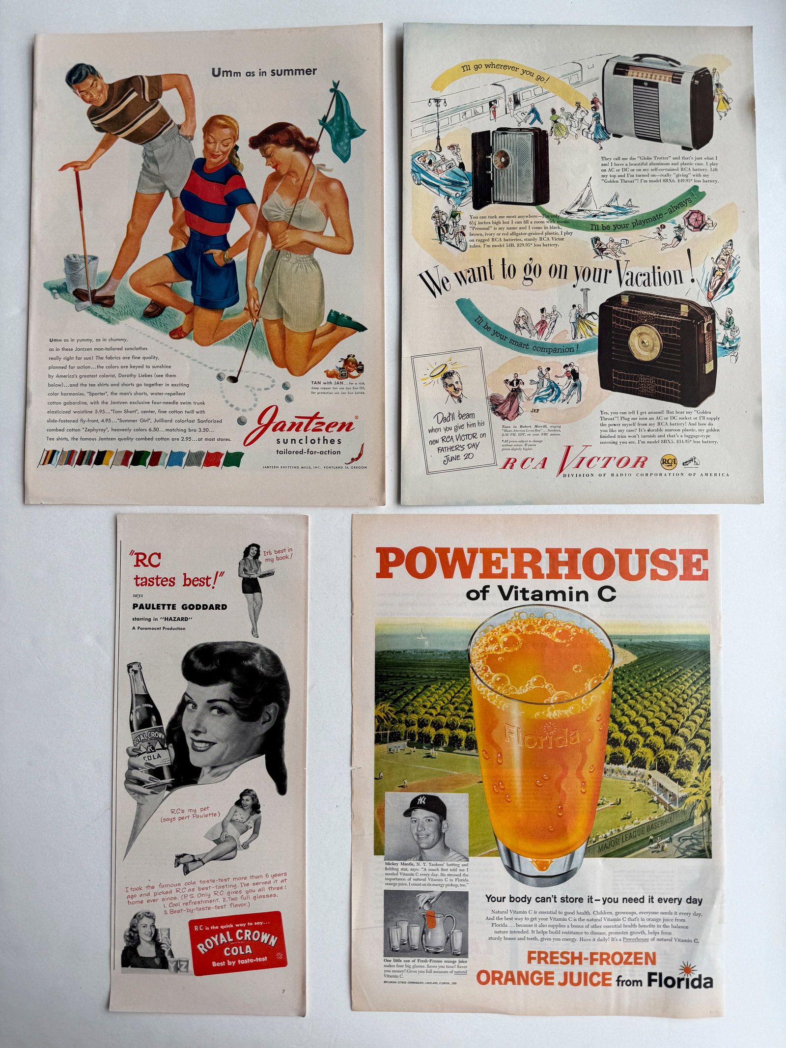 VINTAGE LIFESTYLE MAGAZINE BOOKPLATES - JANTZEN, RCA VICTOR RADIOS: SUITABLE FOR FRAMING. VINTAGE LIFESTYLE MAGAZINE BOOKPLATES - JANTZEN SUNCLOTHES SWIMSUITS, RCA VICTOR RADIOS, ROYAL CROWN COLA. FLORIDA ORANGE JUICE.