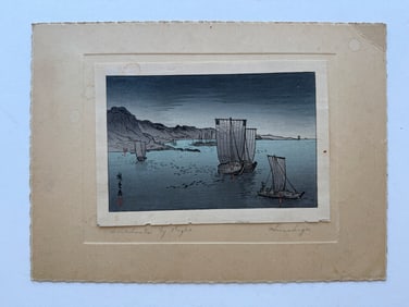 ORIGINAL Japanese woodblock print "Sail Boats at Night" by Utagawa Hiroshige.