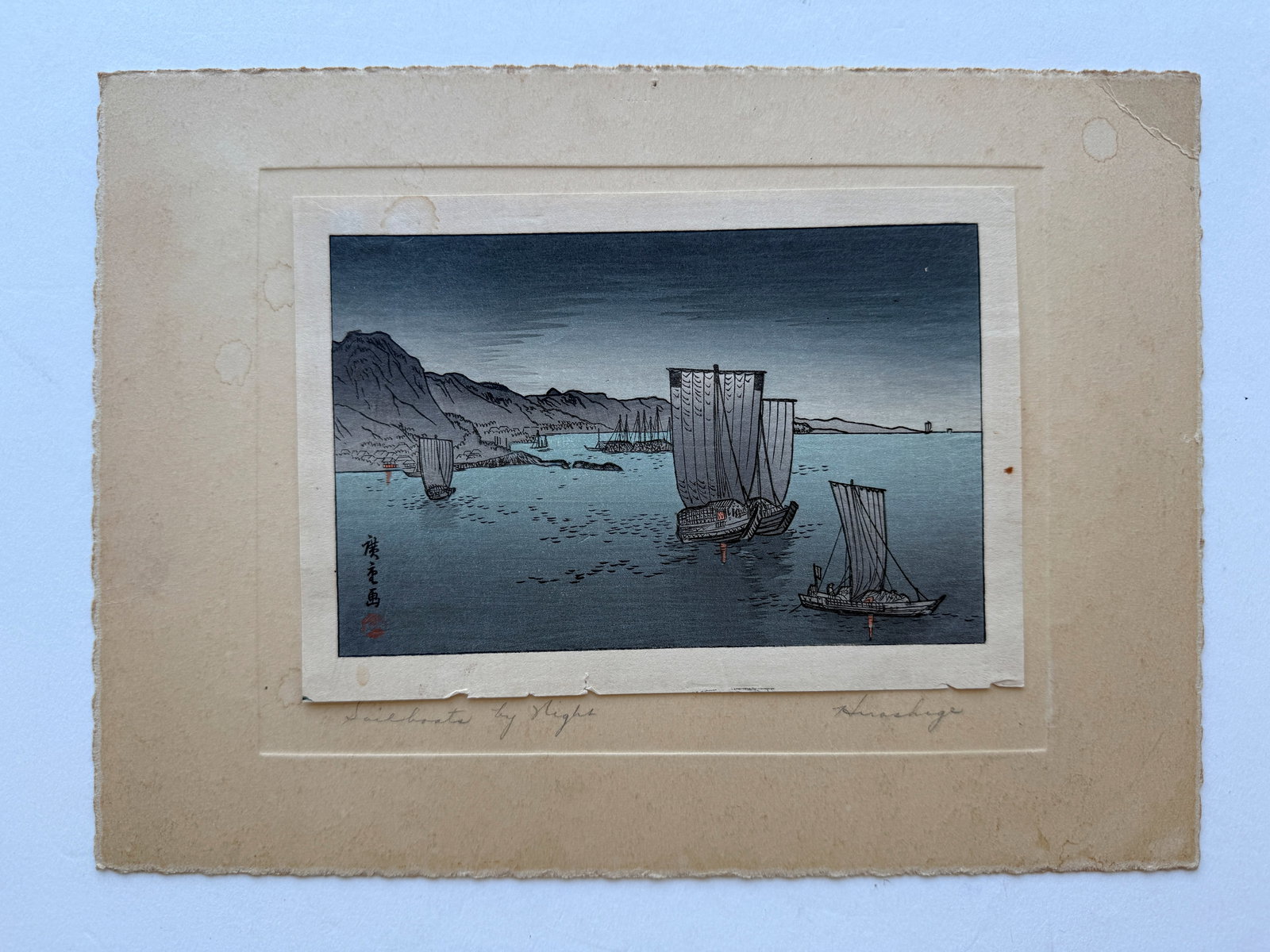 ORIGINAL Japanese woodblock print "Sail Boats at Night" by Utagawa Hiroshige. (1 of 1)