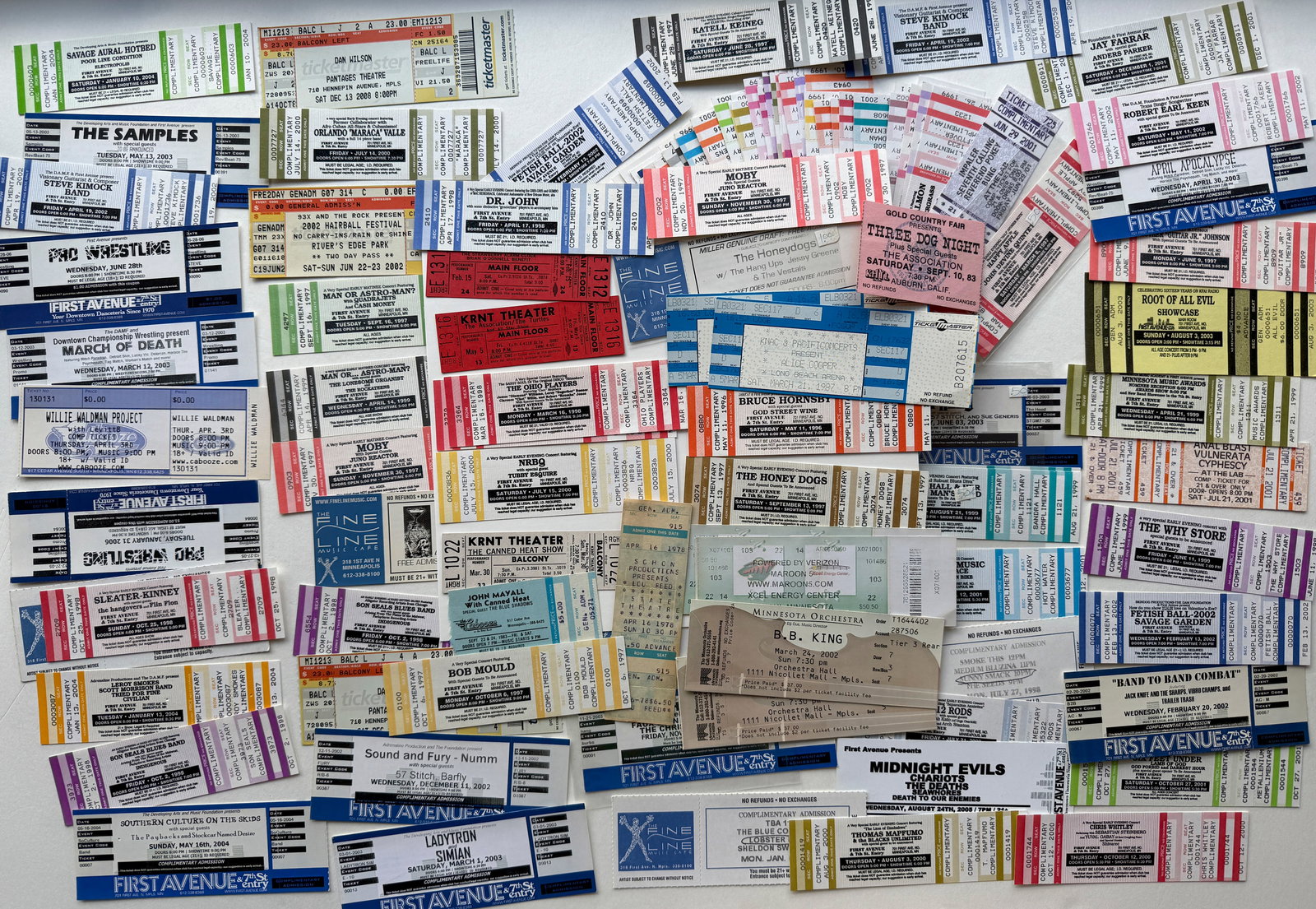 HUGE TICKET STUB COLLECTION - 100+: JOHN MAYALL, ALICE COOPER, DR. JOHN, MOBY, THE ASSOCIATION, STRAWBERRY ALWARM CLOCK, OHIO PLAYERS, NRBQ, CANNED HEAT, LOU REED, MAROON 5, BROCE HORNSBY, THREE DOG NIGHT, BB KING, BOB MOULD, 1984 NORTH