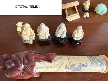 ANTIQUE LAUGHING BUDDAH STATUETTES and ANCIENT SCROLL KEEPER - 9 items
