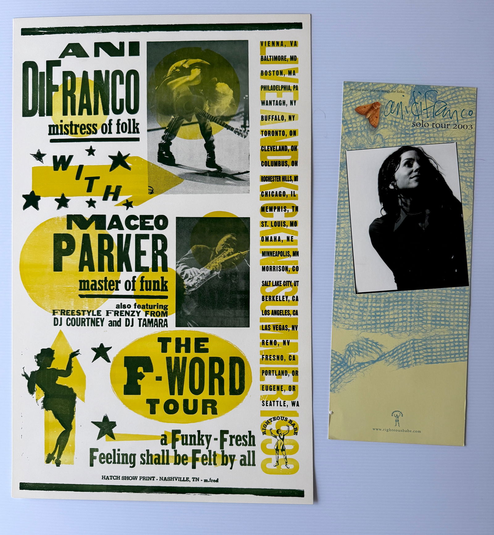 ANI DIFRANCO POSTERS: THE F-WORD TOUR ON HEAVY CARD STOCK - HATCH SHOW PRINT. AND SOLO TOUR 2003 CARD.