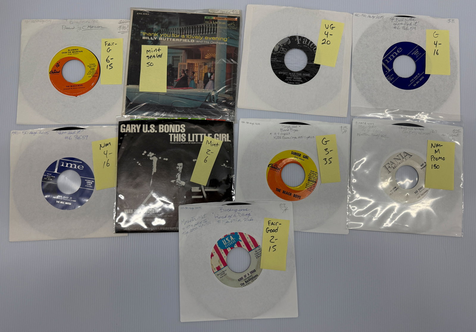 BEACH BOYS AND OTHER VARIOUS B 45s: BEACH BOYS, BILLY BUTTERFIELD, JERRY BUTLER, BELL NOTES, JOE BATAAN, BUCKINGHAMS, GARY US BONDS,