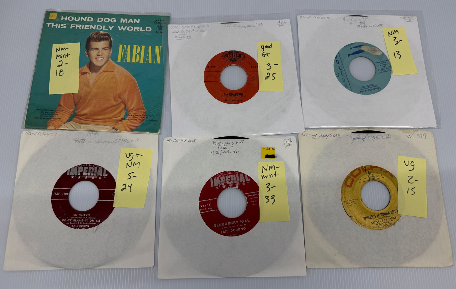 LETTER F 45s WITH FABIAN: LETTER F 45s WITH FABIAN, THE FIVE SATINS, THE FLEETWOODS, SHELLEY FABARES, FATS DOMINO BLUEBERRY HILL