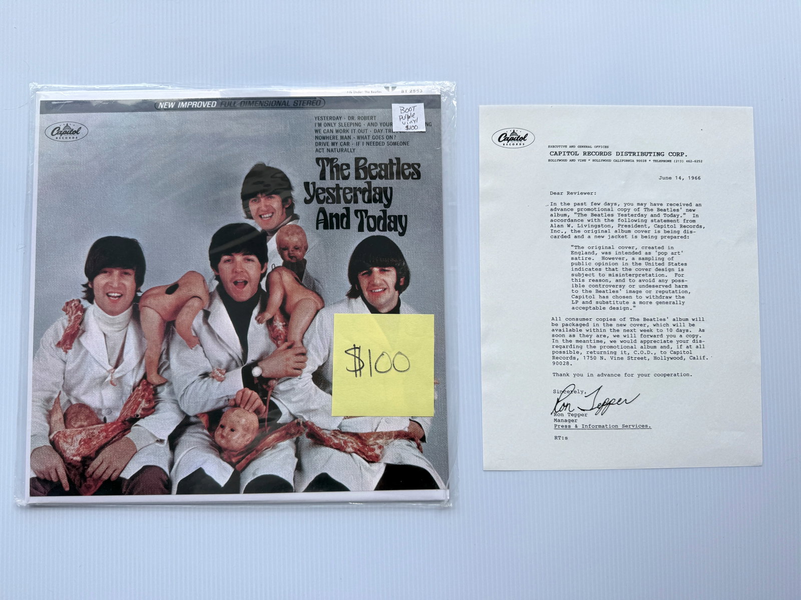 THE BEATLES YESTERDAY AND TODAY REPACKAGED ON COLORED VINYL: SEALED!!! THE BEATLES YESTERDAY AND TODAY REPACKAGED UNOFFICIAL ON COLORED VINYL BEATLES BUTCHER COVER HAS EXACT REPLICA OF RECALL LETTER FROM CAPITOL RECORDS.