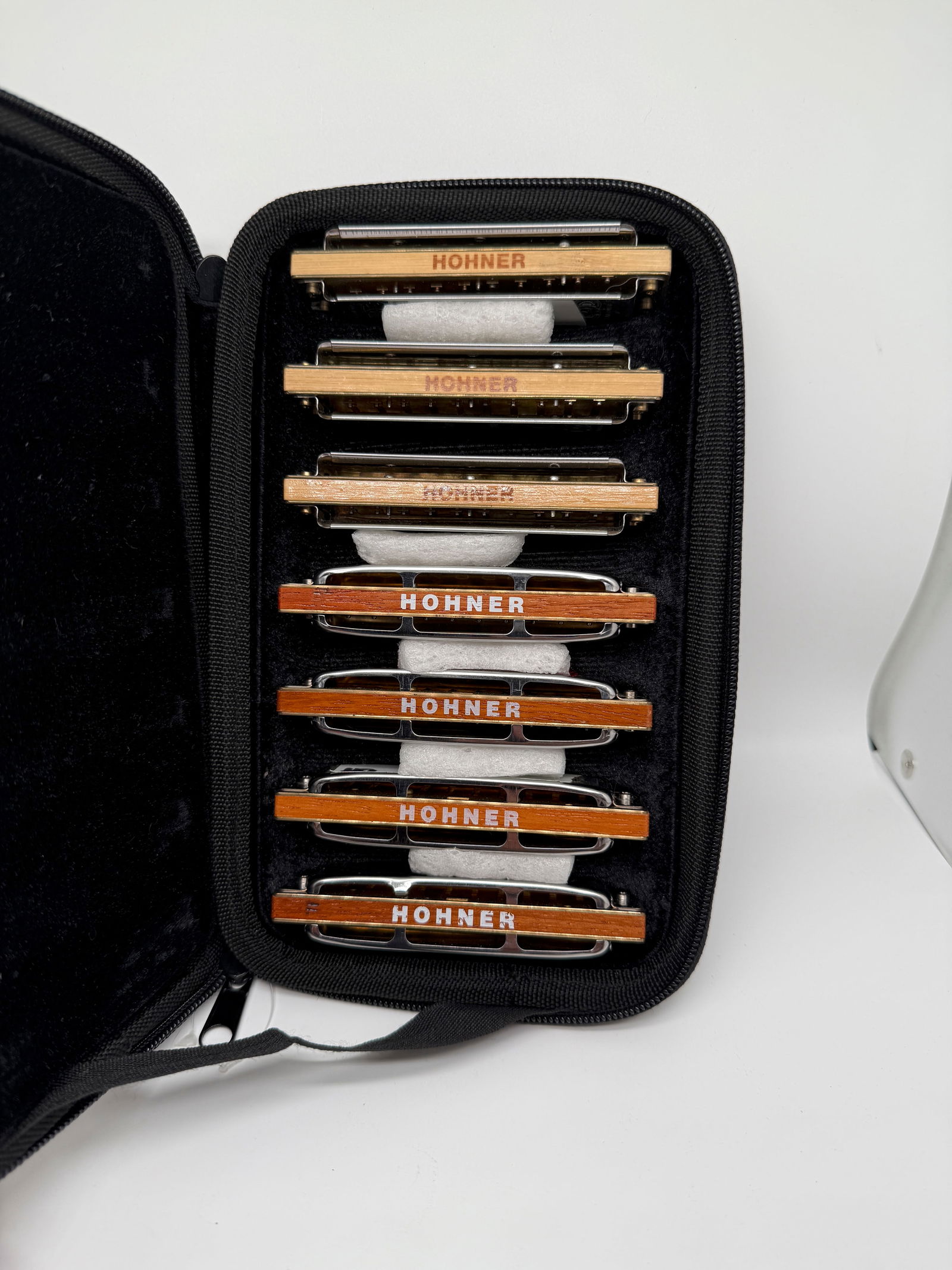 7 HOHNER CROSSOVER SET: 3 - A. 1-D. 2-F. 1-G. 3 CROSSOVERS. 4 BLUES HARPS. with case !