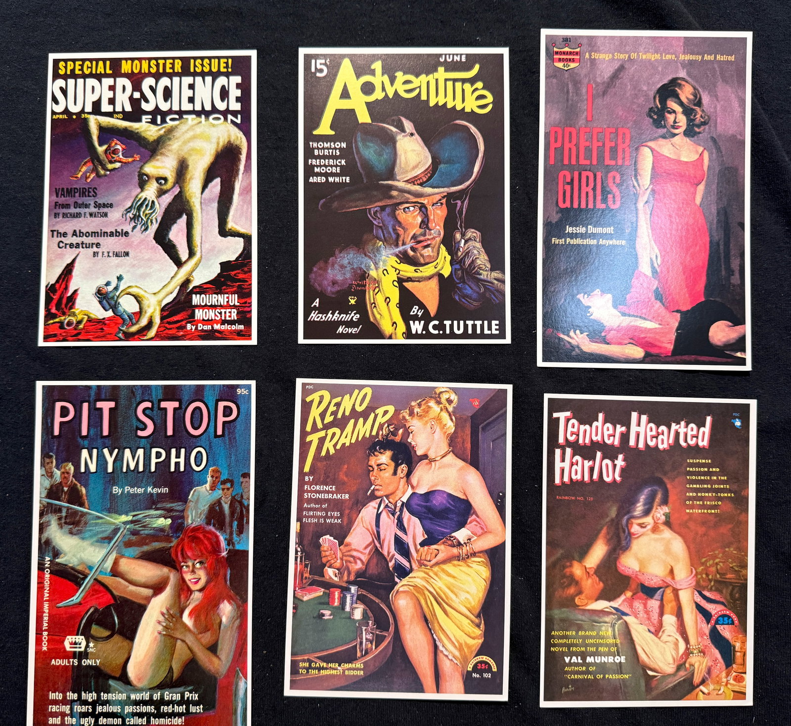 12 VINTAGE PULP FICTION / ADULT POSTCARDS: 12 VINTAGE PULP FICTION / ADULT POSTCARDS 1995 - 1999. SCI-FI WESTERN, I PREFER GIRLS, PIT STOP NYMPHO, RENO TRAMP, BEDROOM EYES, D FOR DELINQUENT. GO, MAN, GO! AND MANY MORE.