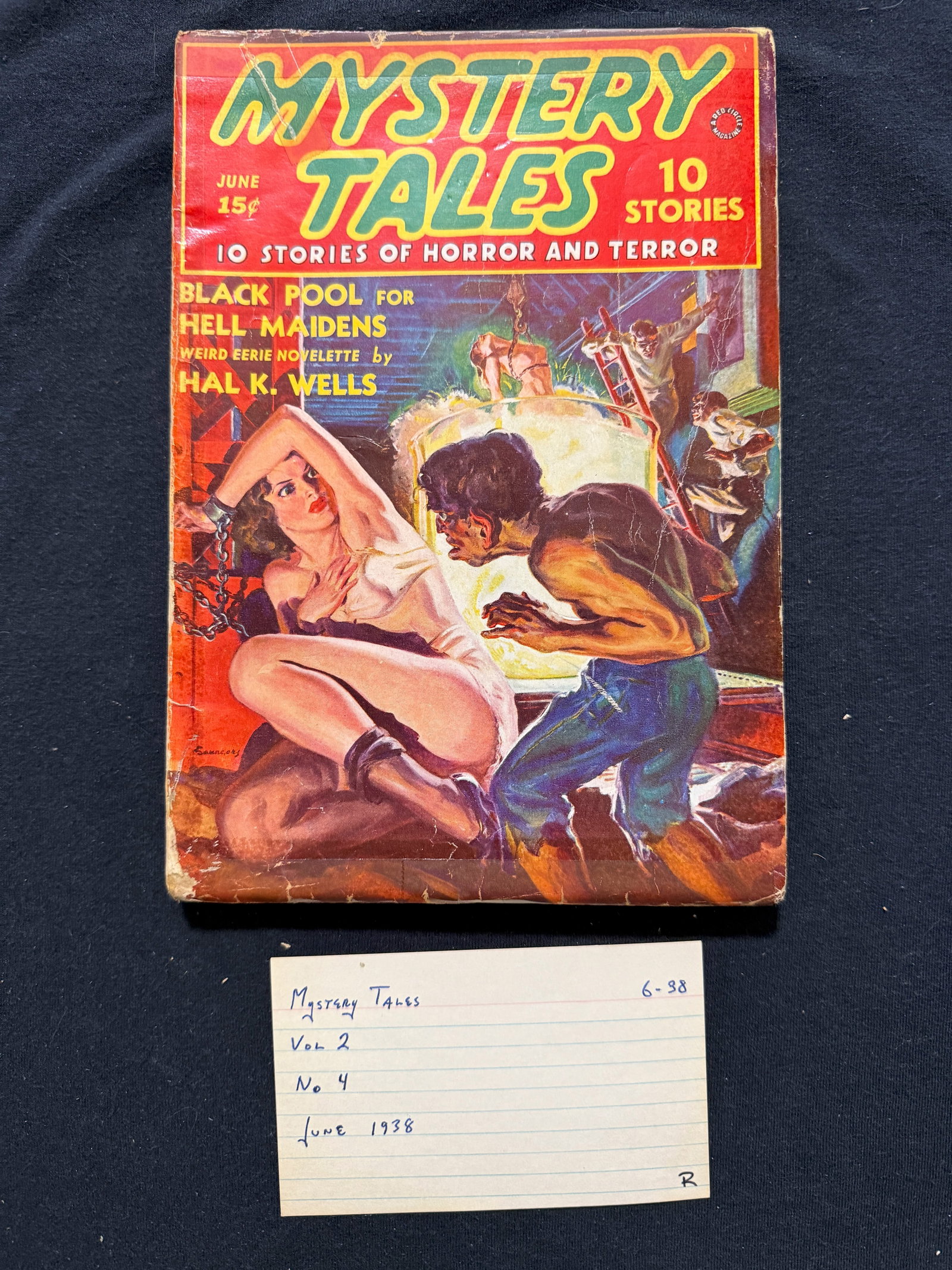 1938 PULP - MYSTERY TALES: 1938 PULP - MYSTERY TALES. PRE-CODE BONDAGE COVER. VOLUME 2. #4. TAPE IN INSIDE FRONT COVER AND FIRST PAGE. SEE IMAGES. RARE !