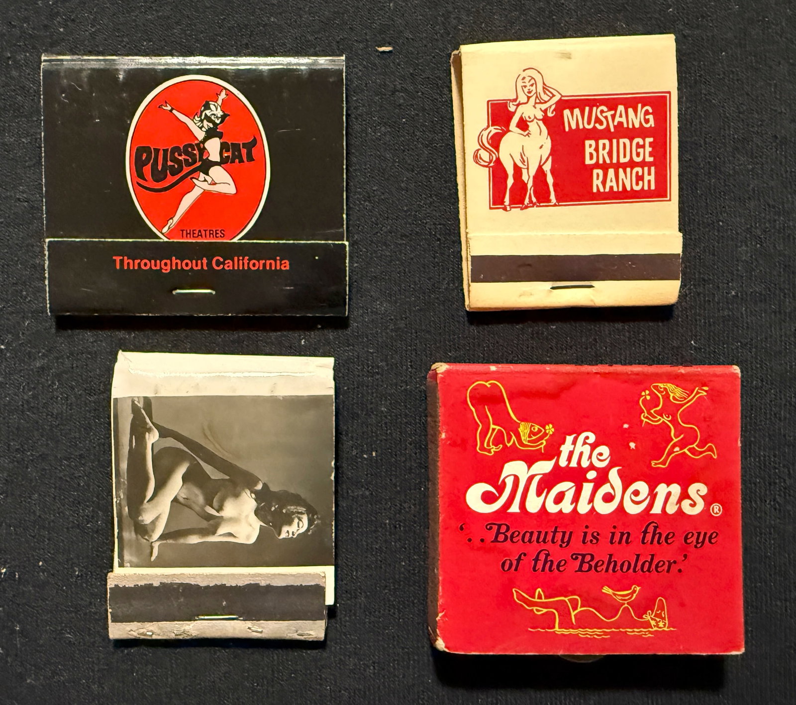 SIX RARE COLLECTIBLE MATCHBOOK - MENS NIGHTCLUBS: SIX RARE COLLECTIBLE MATCHBOOK - MENS NIGHTCLUBS INCLUDING PUSSYCAT THEATER, MUSTANG BRIDGE RANCH, PIN UP MATCHES FROM THE 80S. CHEE CHEE CLUB SAN DIEGO, RIVIERA COCKTAIL LOUNGE CHICAGO.