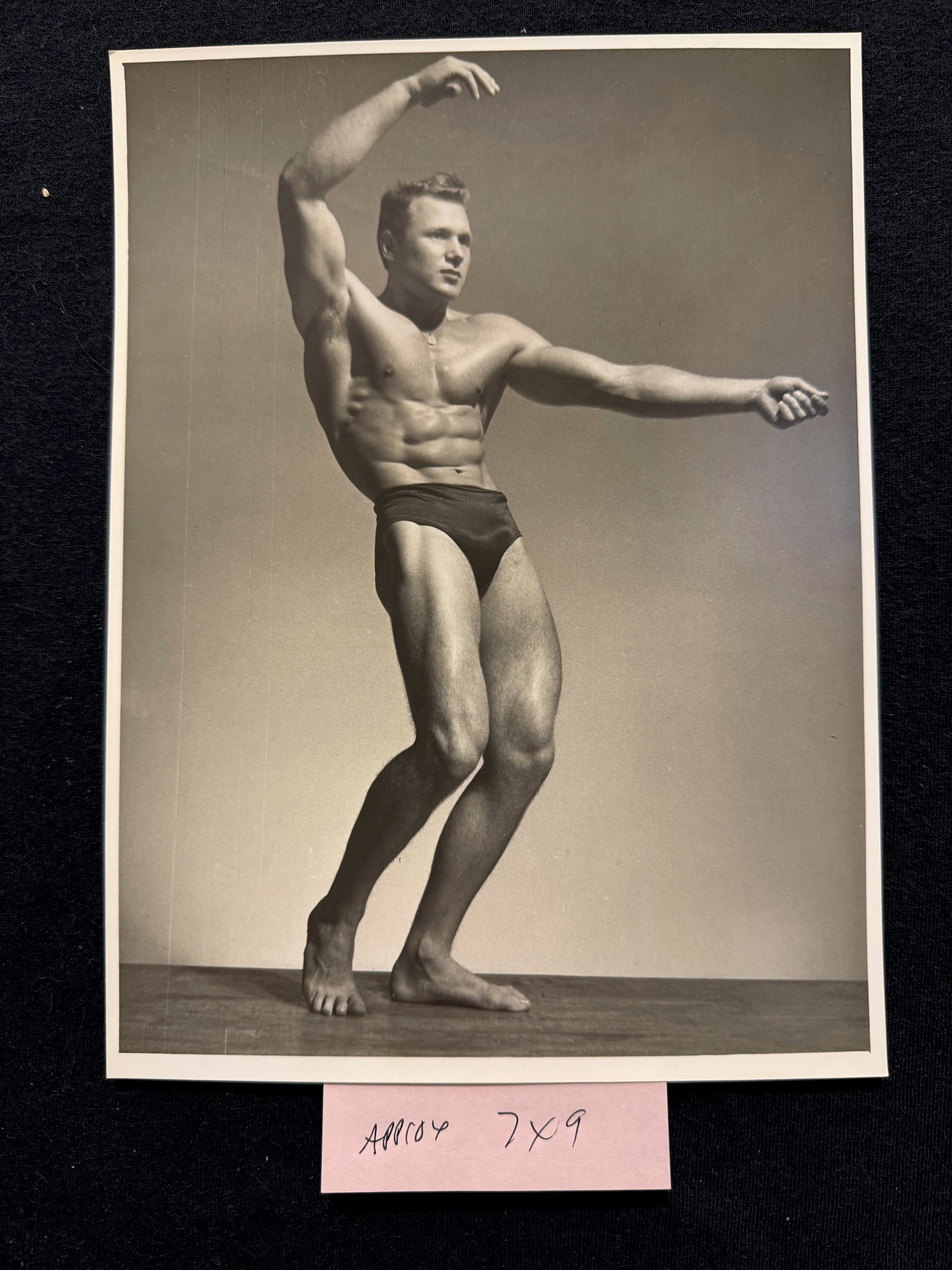 7 x 9 BEEFCAKE MODEL 1952 original RENE' MONCHABLON: 7 x 9 BEEFCAKE MODEL 1952 original RENE' MONCHABLON. ORIGINAL STAMP ON REVERSE. STUDIO ARAX. PARIS. COLLECTION LUCIEN BACQUEMANE - LUCIEN WAS singularly the greatest collector of male physique photogr