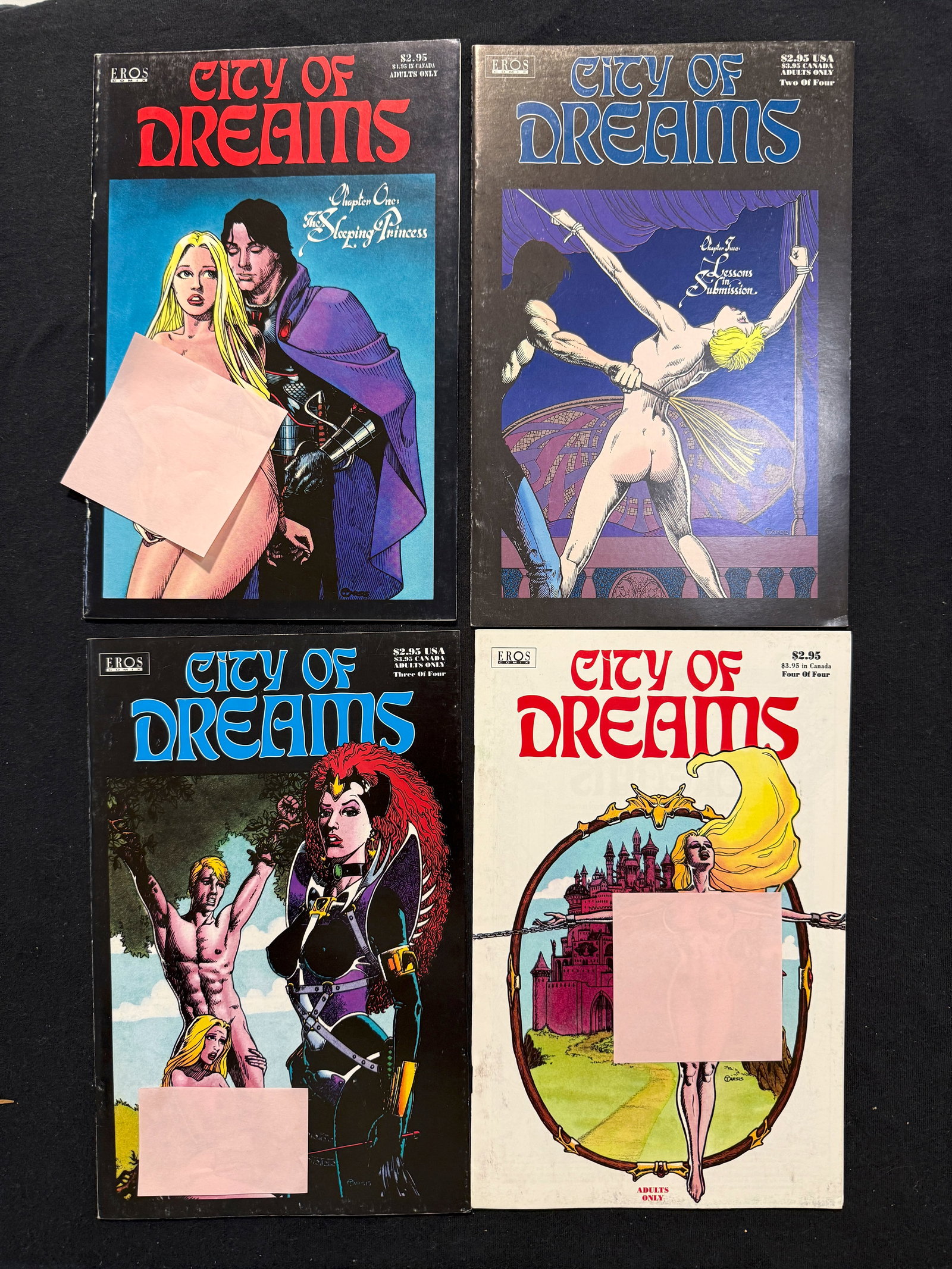 CITY OF DREAMS #1-4 - COMPLETE RUN - EROS COMICS - ADULT TOPICS: CITY OF DREAMS #1-4 - COMPLETE RUN - EROS COMICS - ADULT TOPICS. ISSUE #1 HIGHLY COLLECTIBLE. 1994. DOMINATION. SEDUCTION. MISTRESS. PAIN. DOMINANCE. LEATHER. WHIPS. BOUND.