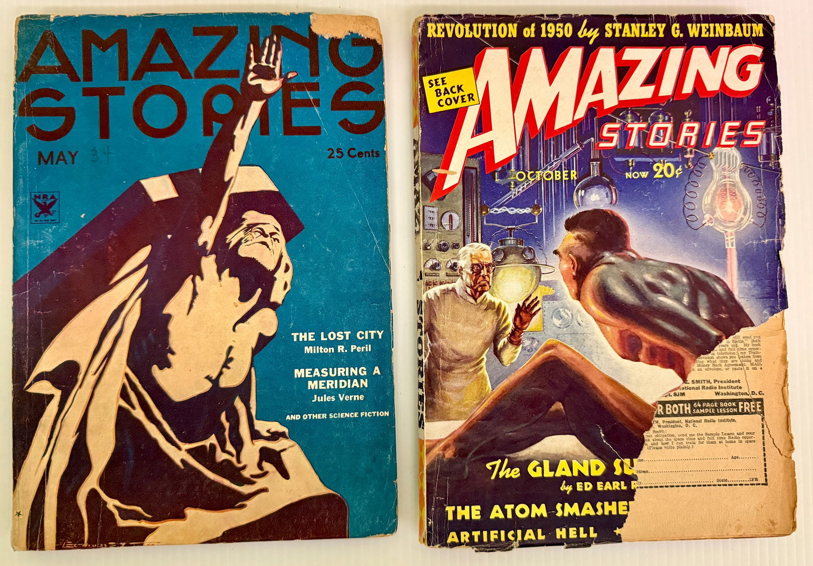 AMAZING STORIES MAGAZINE SET - 1934 & 1938 - JULES VERNE: AMAZING STORIES MAGAZINE SET - 1934 & 1938 - JULES VERNE. VOL. 9. #1 FEATURES JULES VERNE MONUMENT IN NANTES, FRANCE. JULES WAS A FOUNDER OF THE SCHOOL OF SCIENCE FICTION. AS DRAWN BY MOREY. VOL.