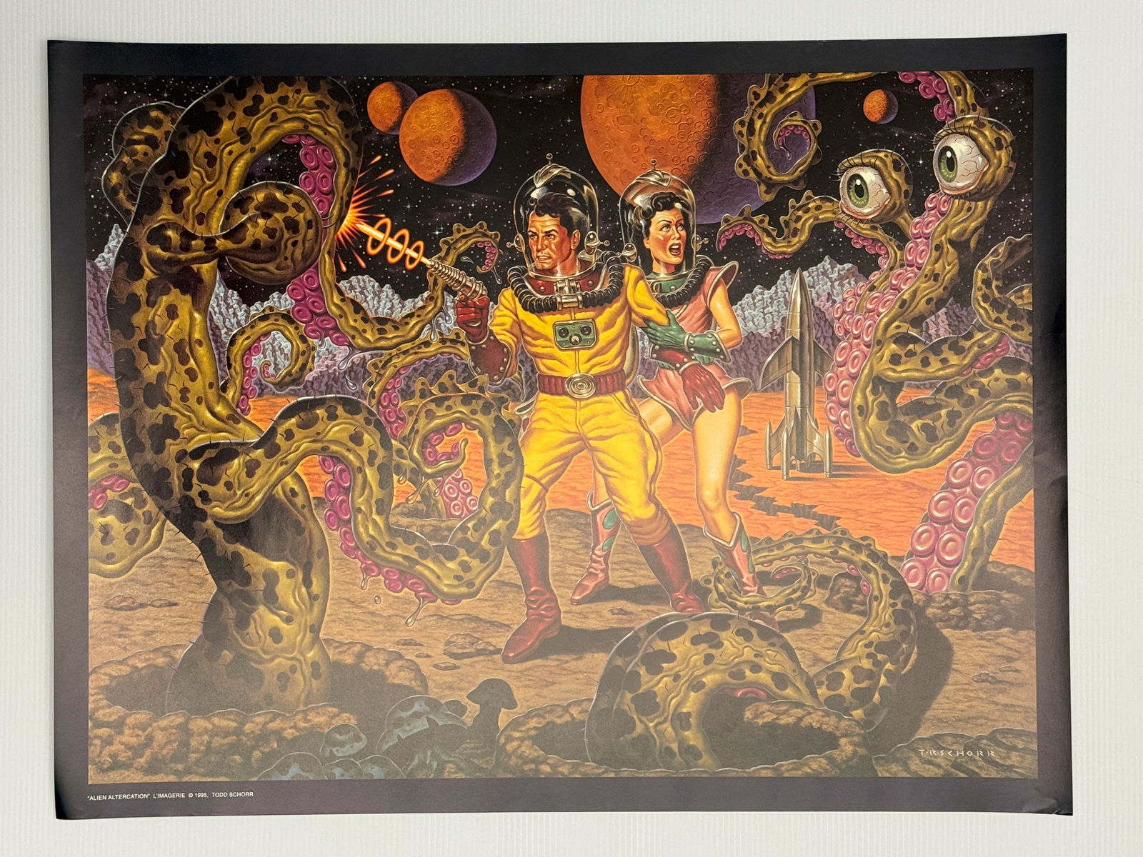 TODD SCHORR - ALIEN ALTERCATION: TODD SCHORR - 1995 LITHO - ALIEN ALTERCATION. Todd Schorr Limited Edition Print of the painting "TODD SCHORR - 1995 LITHO - ALIEN ALTERCATION" which comes from an edition of 300. This is an original p