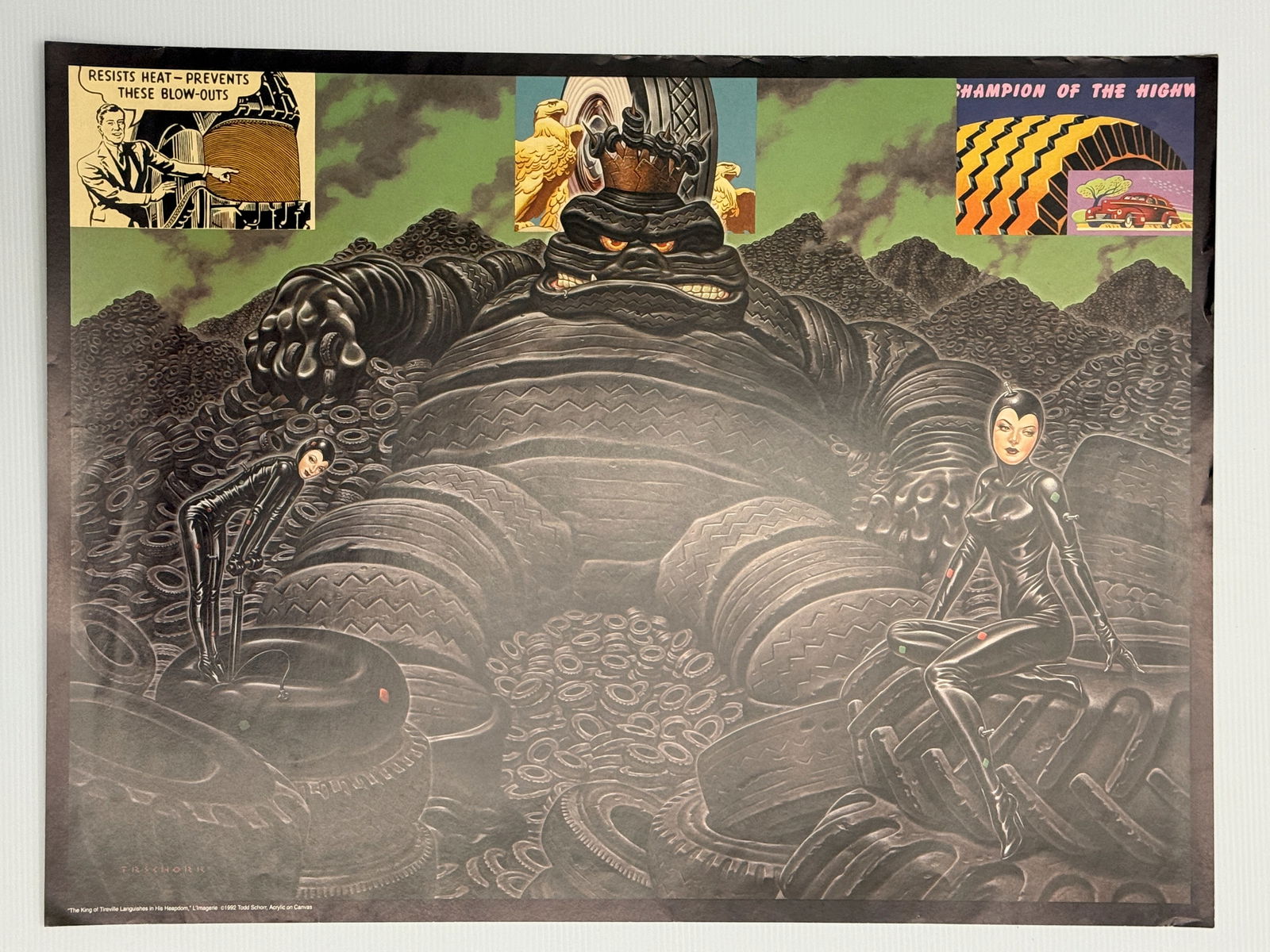 TODD SCHORR - THE KING OF TIREVILLE: TODD SCHORR - 1992 LITHO - THE KING OF TIREVILLE. Todd Schorr Limited Edition Print of the painting "The King Of Tireville Languishes In His Heapdom" which comes from an edition of 300. This is an ori