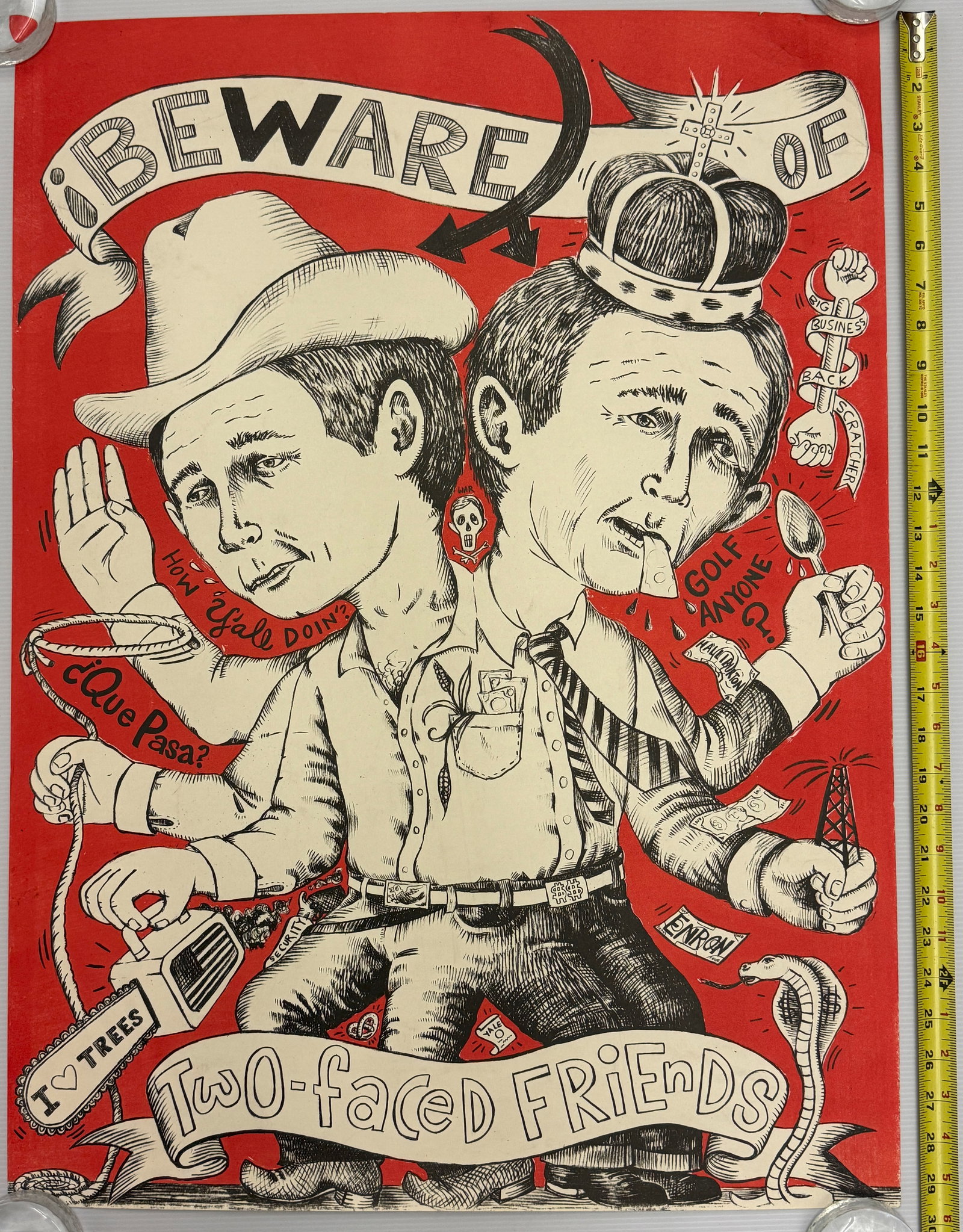 Political Art - Jenny Schmid - BEWARE OF TWO-FACED FRIENDS: Jenny Schmid (Minneapolis, MN) creates prints through her own bikini press international. Her work is densely packed with complex visual narratives. Schmid draws upon the rich print tradition of socia