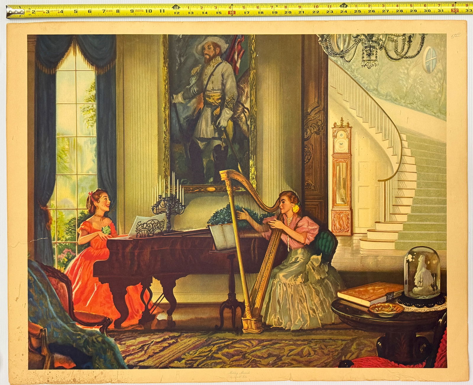 Midday Musicale - by the American artist Arnold Kohn: This vintage print is a painting titled "Midday Musicale" by the American artist Arnold Kohn (or Robert Khon). The painting depicts two young women in an elegant, Southern US-style interior, with one