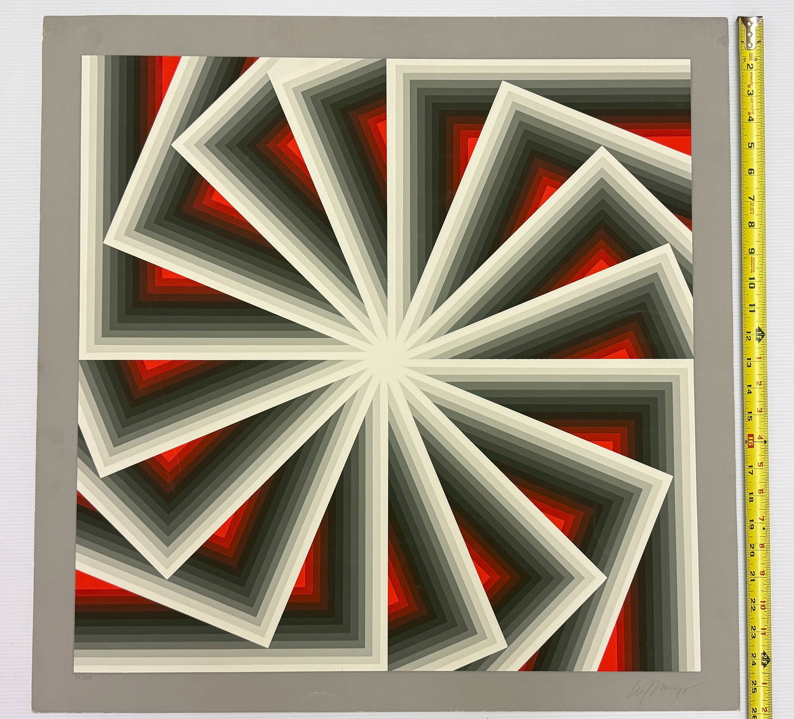 LEV MOROSS OP-ART GEOMETRIC SERIGRAPH: LEV MOROSS OPART GEOMETRIC SERIGRAPH 25" x 25” MODERNISM, MID CENTURY, SPACE AGE. Awesome vintage OpArt serigraph silkscreen from Los Angeles based artist/gallery owner Lev Moross. This would be