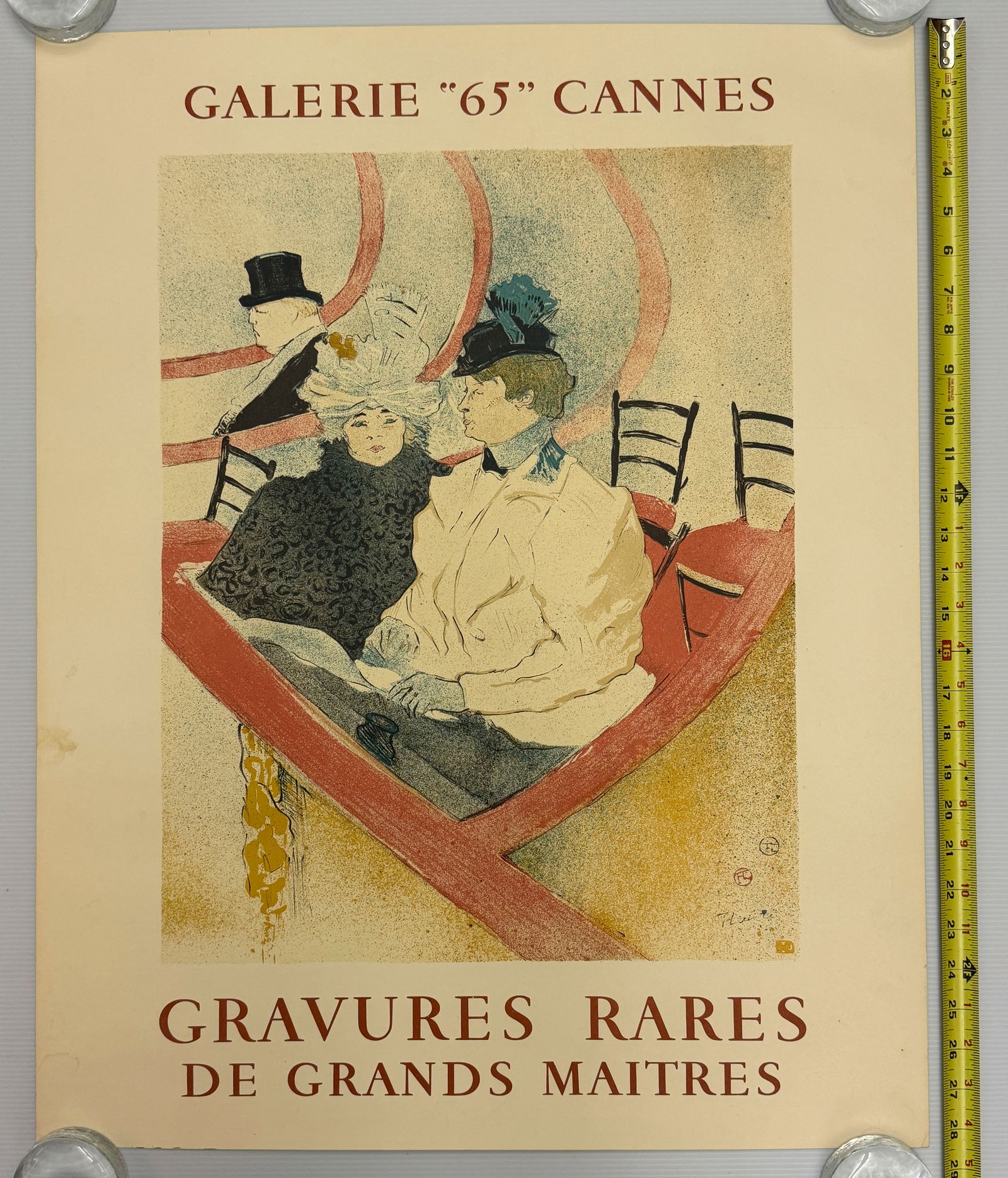 Gravures Rares De Grands Maitres - Henri de Toulouse-Lautrec: The image provided is a vintage lithographic poster for an art exhibition titled "Gravures Rares De Grands Maitres" (Rare Engravings by Great Masters) at the Galerie "65" in Cannes, France. The