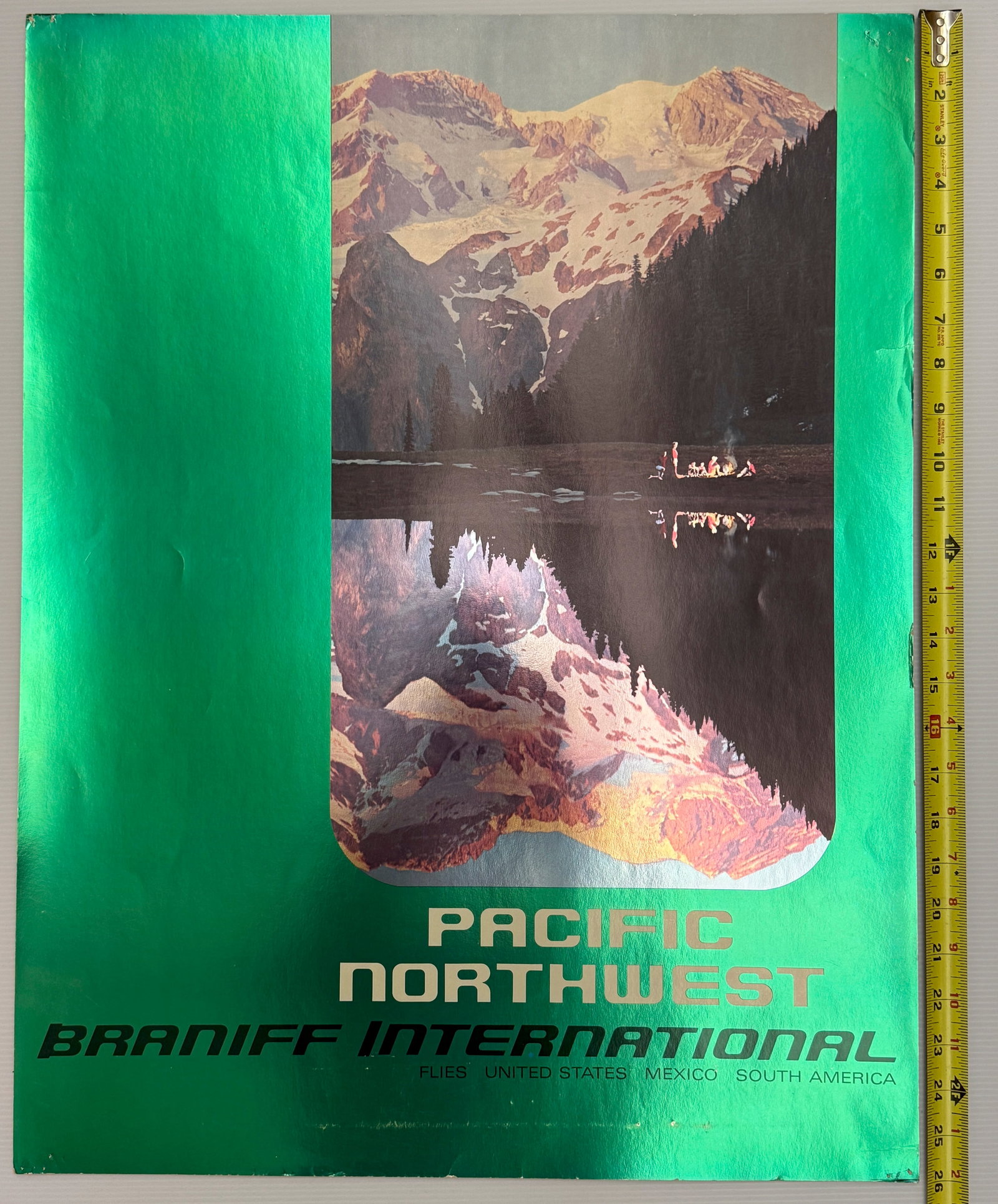 Original Braniff International Airways vintage travel poster: This is an original Braniff International Airways vintage travel poster advertising flights to PACIFIC NORTHWEST. The specific poster was issued in 1968. Poster Details Airline: Braniff
