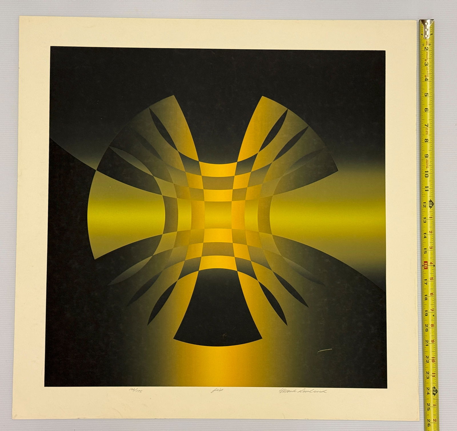 Limited edition serigraph - Fix - Mark Rowland: This artwork is a limited edition serigraph print titled "Fix" by the American artist Mark Rowland. The piece uses geometric abstraction in the style of Op Art, featuring yellow and black hues that
