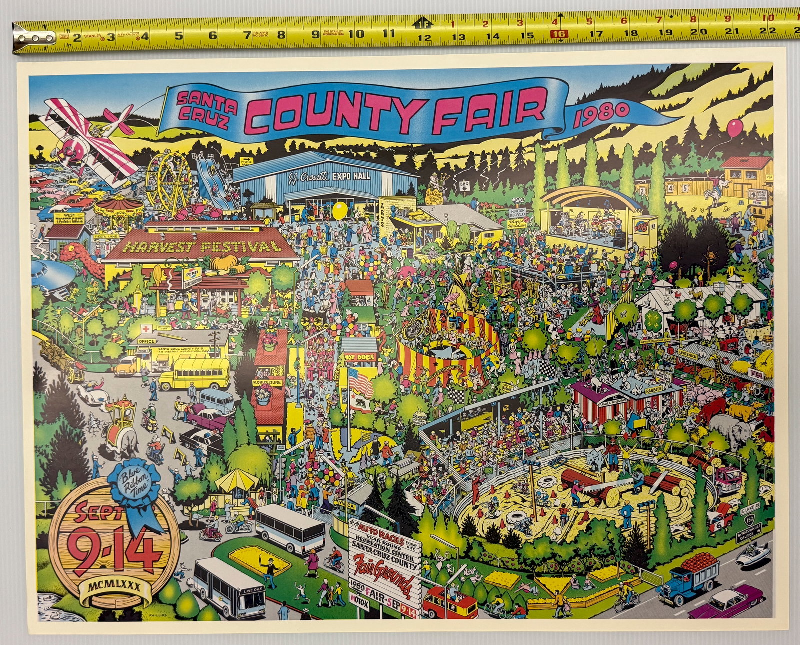 1980 Santa Cruz County Fair - JIM PHILLIPS: The item in the image is a rare poster for the 1980 Santa Cruz County Fair. The highly detailed, vibrant artwork was created by the legendary artist Jim Phillips, known for his work in the surf and