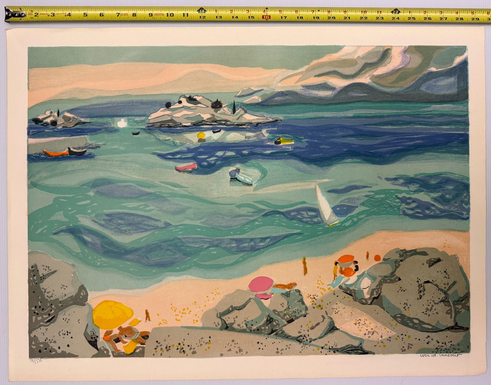 Beach by French artist Georges Lambert: This image is a limited edition lithograph titled "Beach" (also known as "Sur La Plage" or "Seashore") by the French artist Georges Lambert (1919-1998). Artwork Details - 20 x 30. Artist: Georges