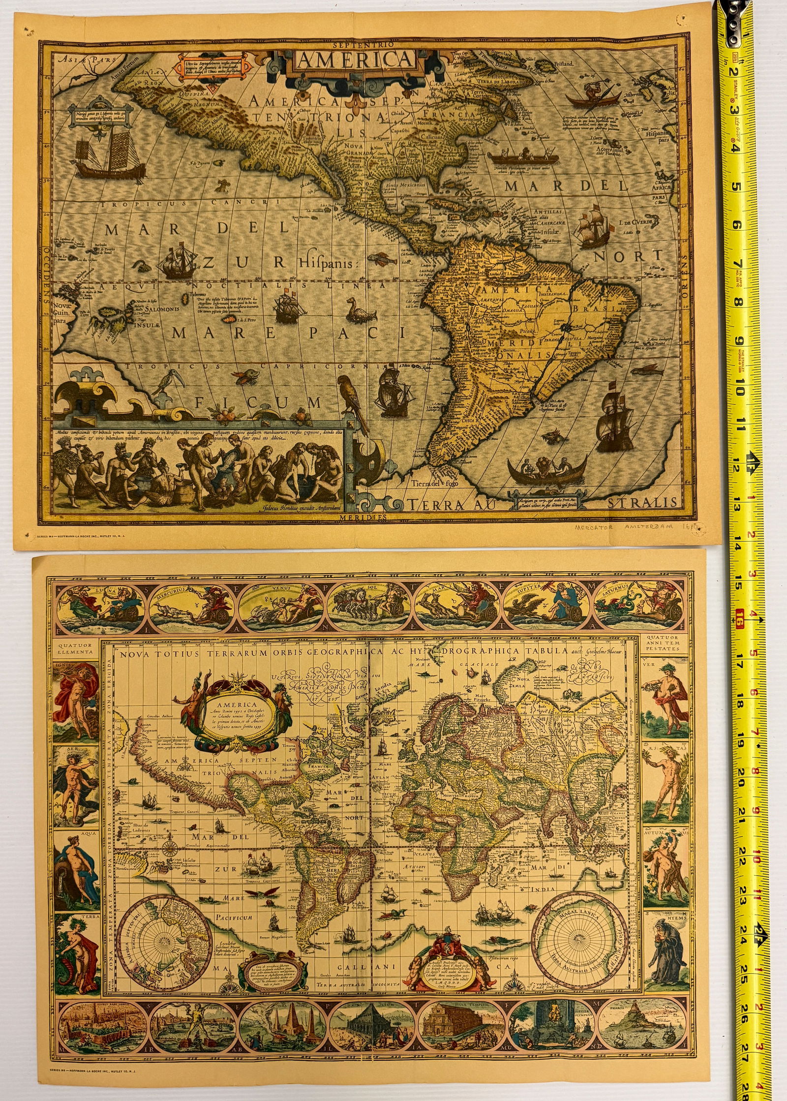 Vintage 1950s MAPS: The two items in the image are reproduction prints of famous 17th-century antique maps. Top Map - Jodocus Hondius (1606) Titled "America," it shows North and South America, featuring illustrations