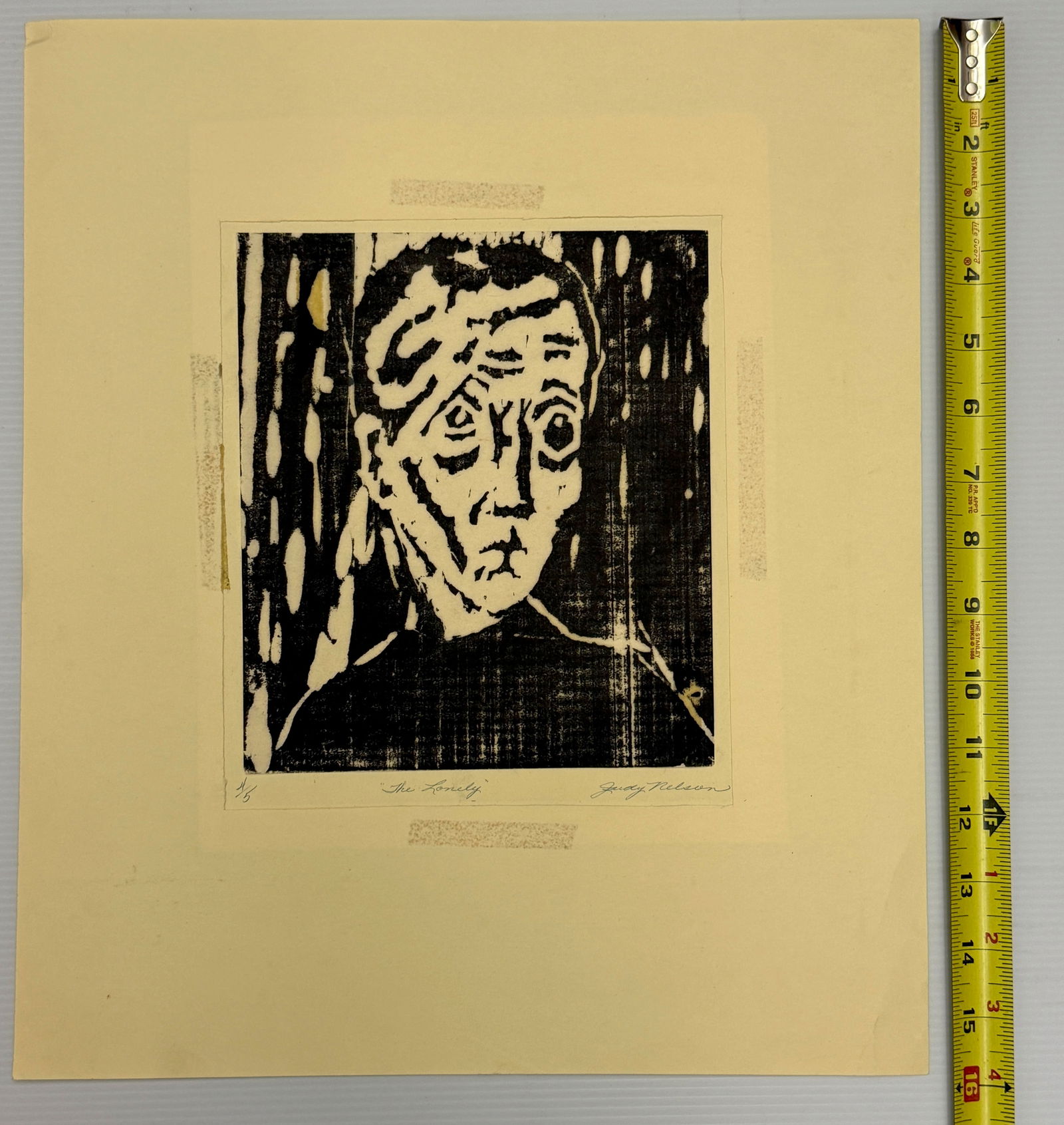 RARE - Woodcut on Japanese tissue paper: RARE - Woodcut on Japanese tissue paper. #4 / 5 in the world. The Lonely by Judy Nelson. Art is about 5 x 8. Comes with matte.