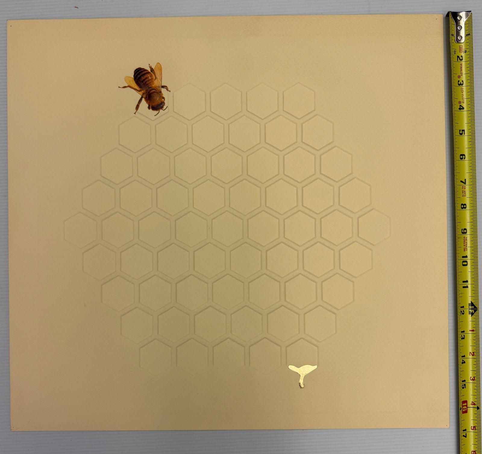 Golden Honeycomb Bee: The image is a piece of artwork featuring a realistic painting of a honey bee on a background with an embossed or illustrated honeycomb pattern. Artwork Details about 16 x 16. Embossed / relief patter