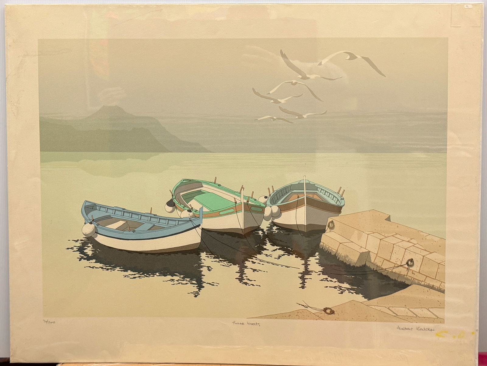THREE BOATS - ANDRAS KALDOR: THREE BOATS - ANDRAS KALDOR. About 35 inches wide. MINT.