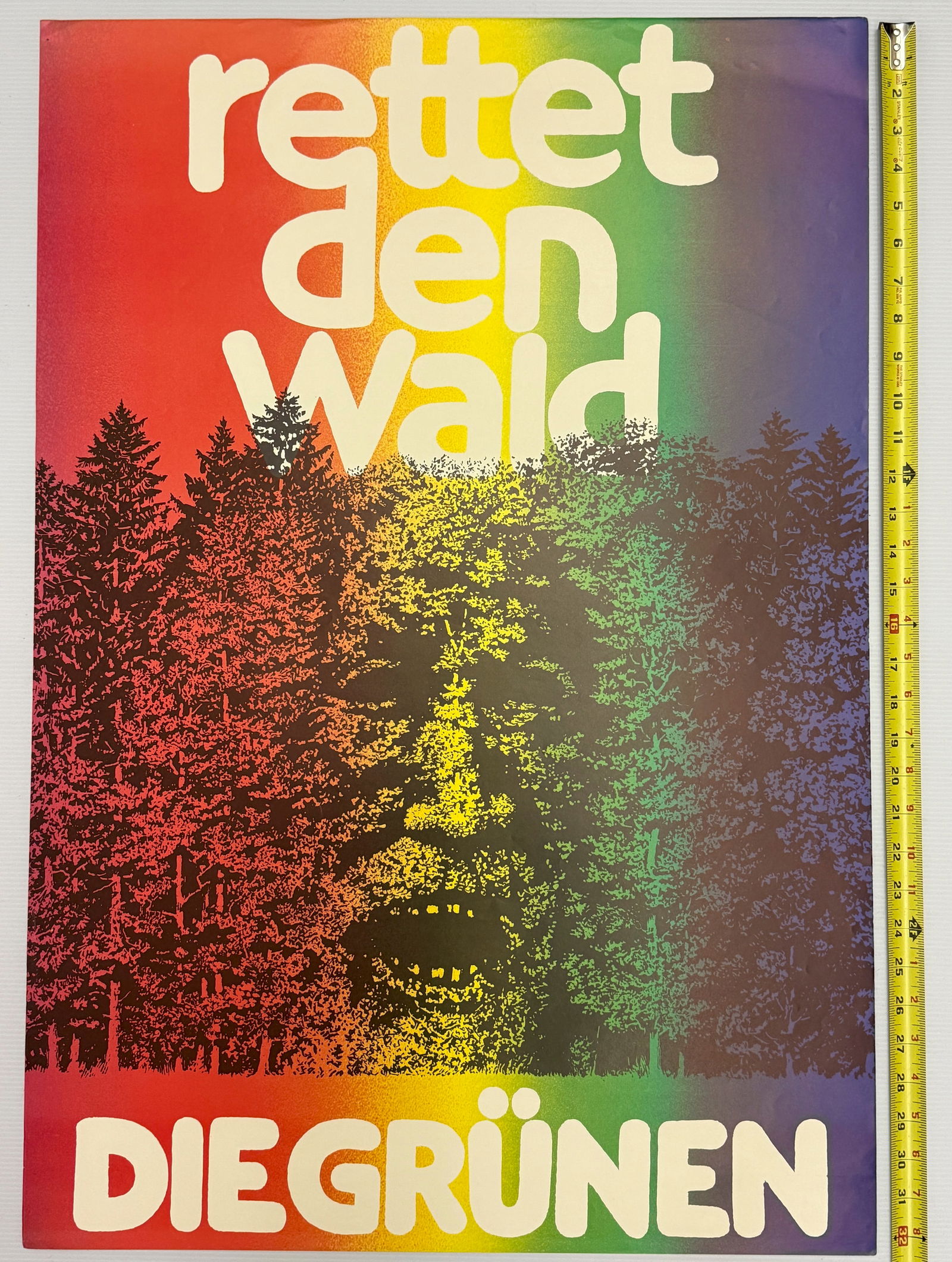 original vintage protest poster for the German political party Die Grünen (The Green Party): This is an original vintage protest poster for the German political party Die Grünen (The Green Party). Poster Details about 20 x 32Text: The main text reads "rettet den Wald", which translates to "S