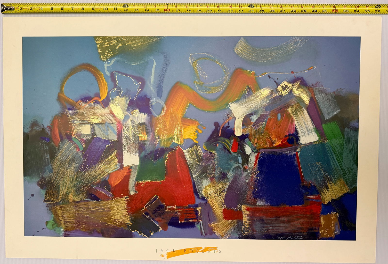 Abstract painting by the artist Jack Roberts: This image is a print of an abstract painting by the artist Jack Roberts. Overview ABOUT 24 X 36 WITH AMAZING GOLD INKS AND REFLECTIVE QUALITY.The artwork is an abstract expressionist piece featuring