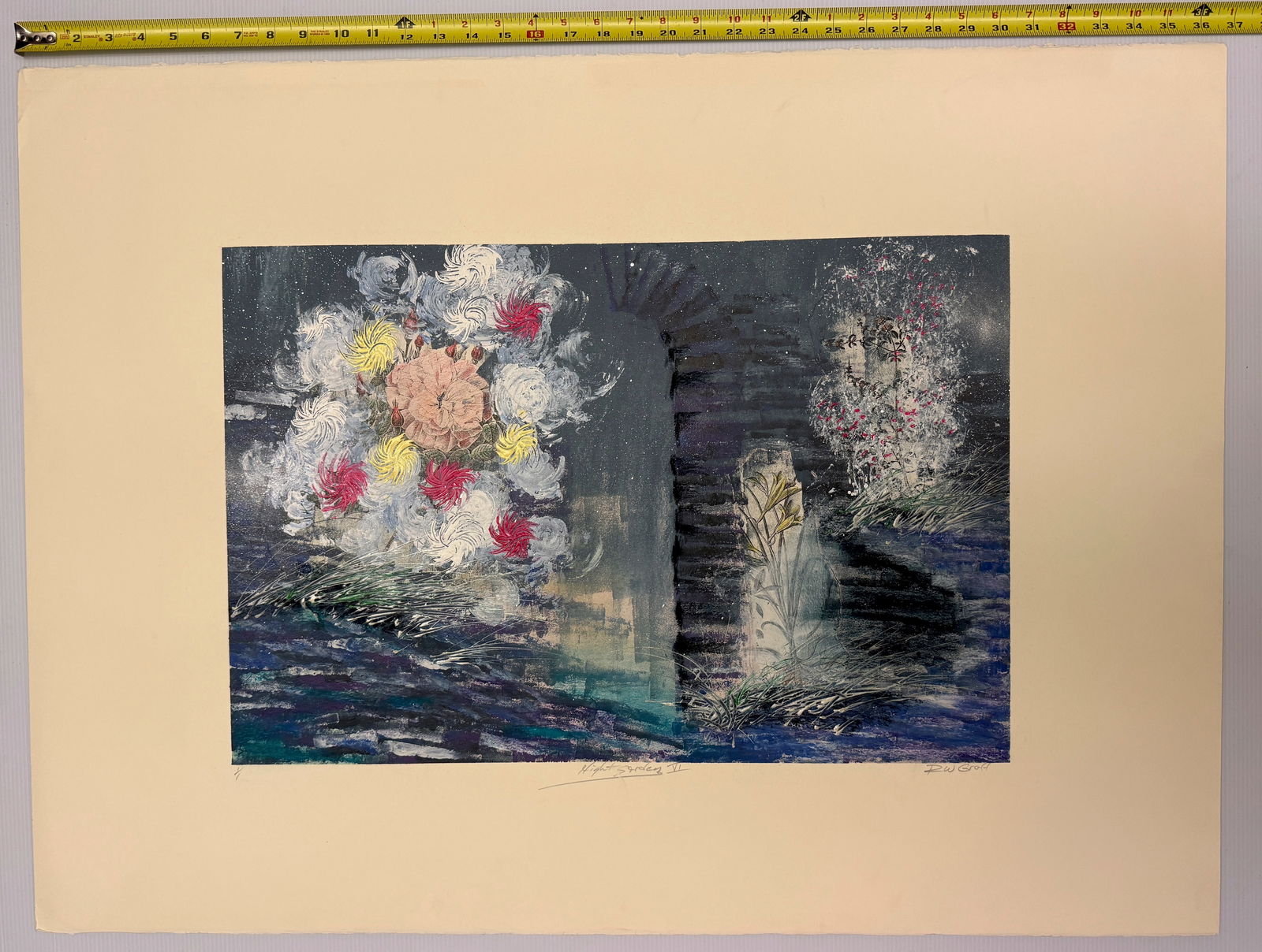 R.W. Groff litho - 1 of 1 ! RARE: R.W. Groff is a professional artist known for signed, mixed-media abstract paintings. NIGHT GARDEN VI is number 1 of 1 - as this artist only created ONE print of this item! EXCEPTIONAL! About 24