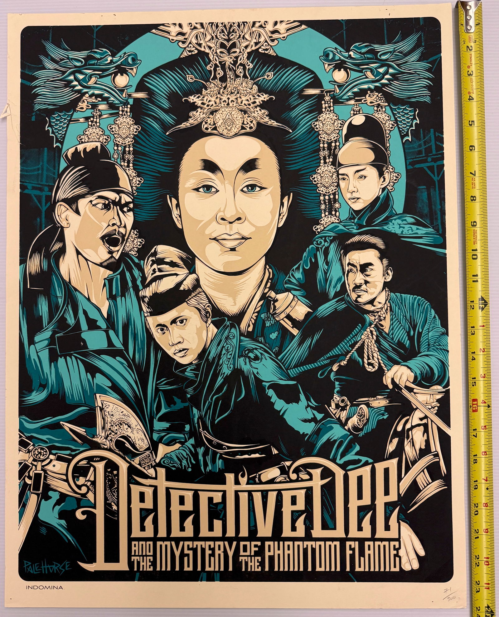 Limited-edition screenprint - Detective Dee & the Mystery of the Phantom Flame: The image provided is a limited-edition, screen-printed movie poster for the film "Detective Dee & the Mystery of the Phantom Flame". Poster Details: about 16 x 24. #71 / 300. Artist: The poster