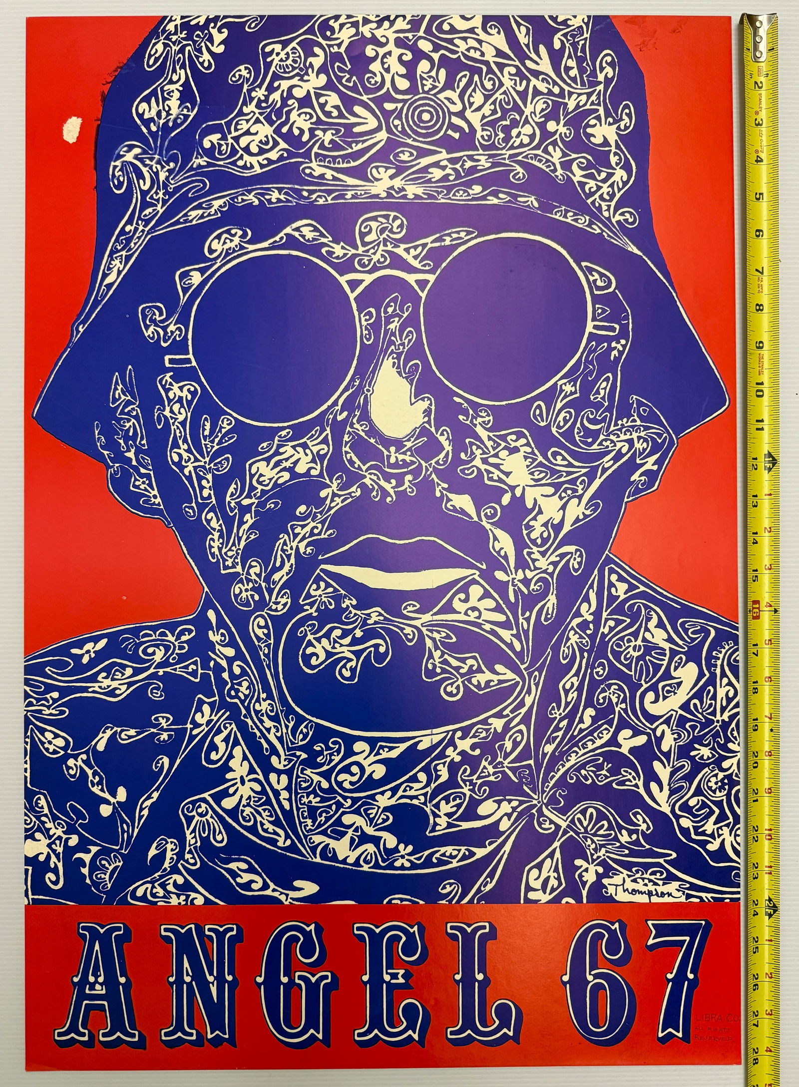 VINTAGE Poster Hells Angels Motorcycle Club: Original vintage advertising poster - Angel '67 features an image of a Hell's Angel biker in blue and white by Hunter Thompson. Printed by Libra & Co. Hunter S. Thompson was an American journalist and