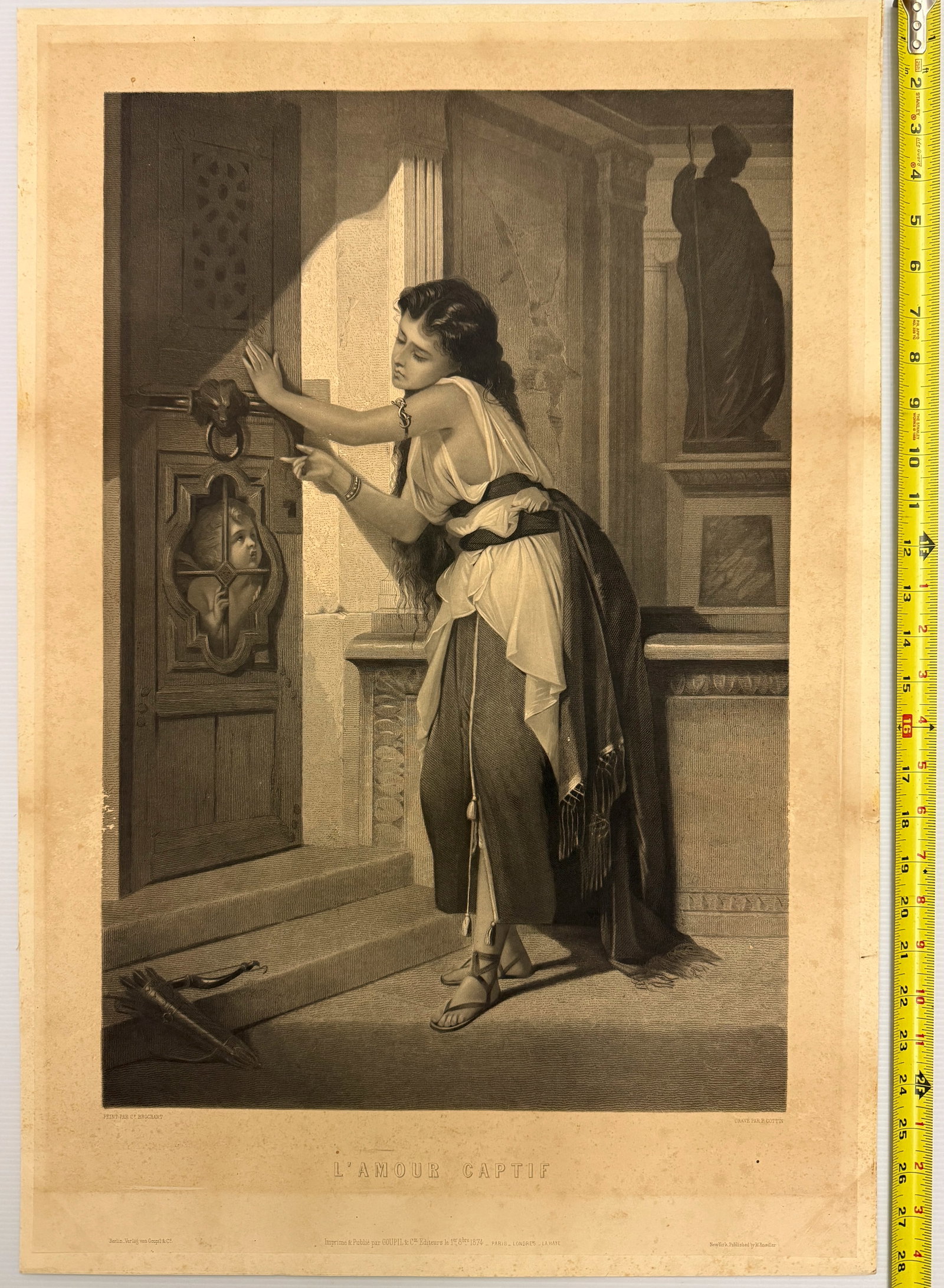 1874 Engraving - L'Amour Captif" (Captive Love) - Pierre Cottin: Engraving titled "L'Amour Captif" (Captive Love), created by the French engraver Pierre Cottin (1823-1886) after a painting by the artist Constant Joseph Brochart (1816-1899). Artwork Details: The
