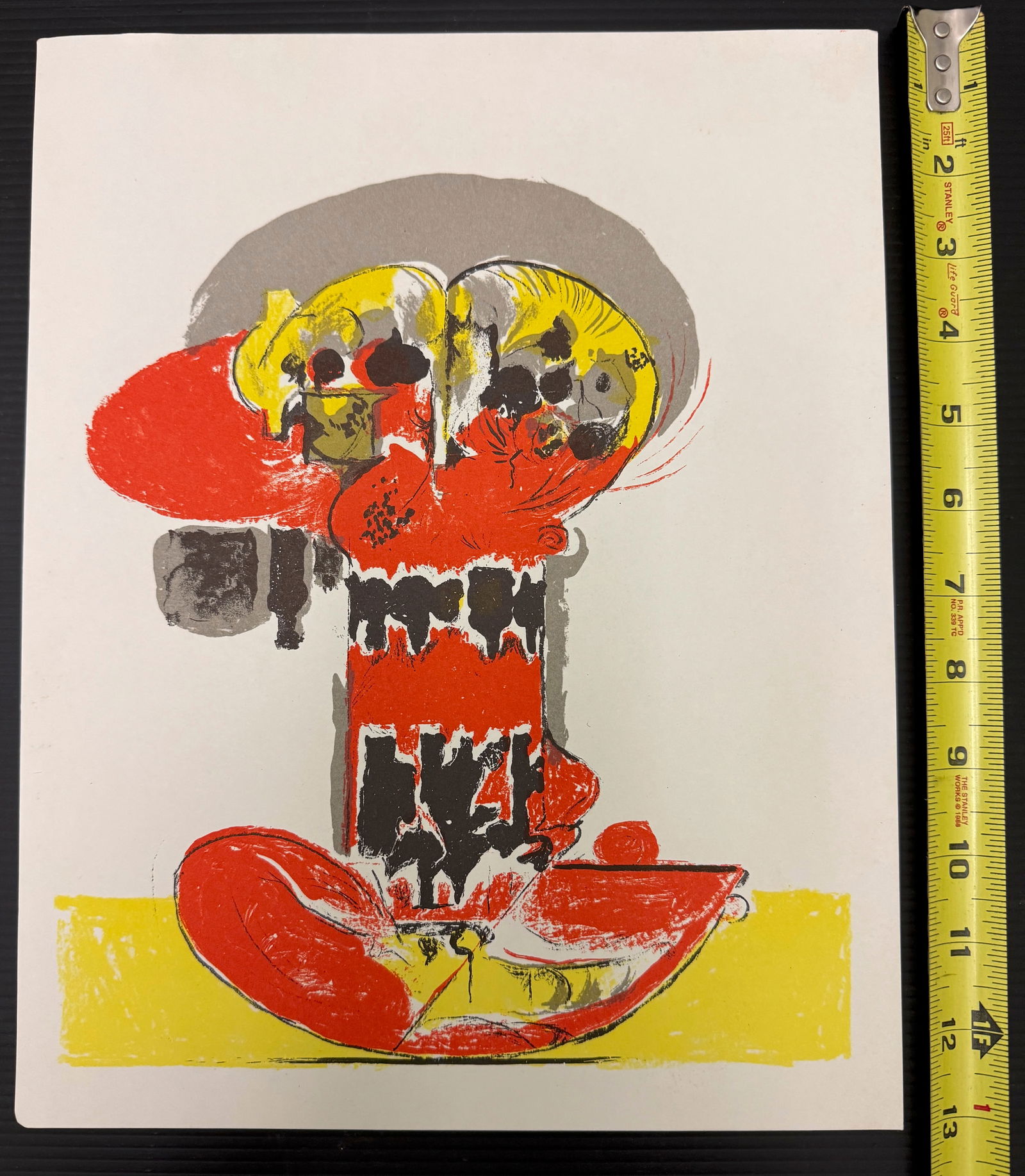 Graham Sutherland - Balancing Form: The image provided is an original 1972 color lithograph by the British artist Graham Sutherland (1903–1980) titled "Balancing Form". The print is an abstract work featuring vibrant red, yellow,
