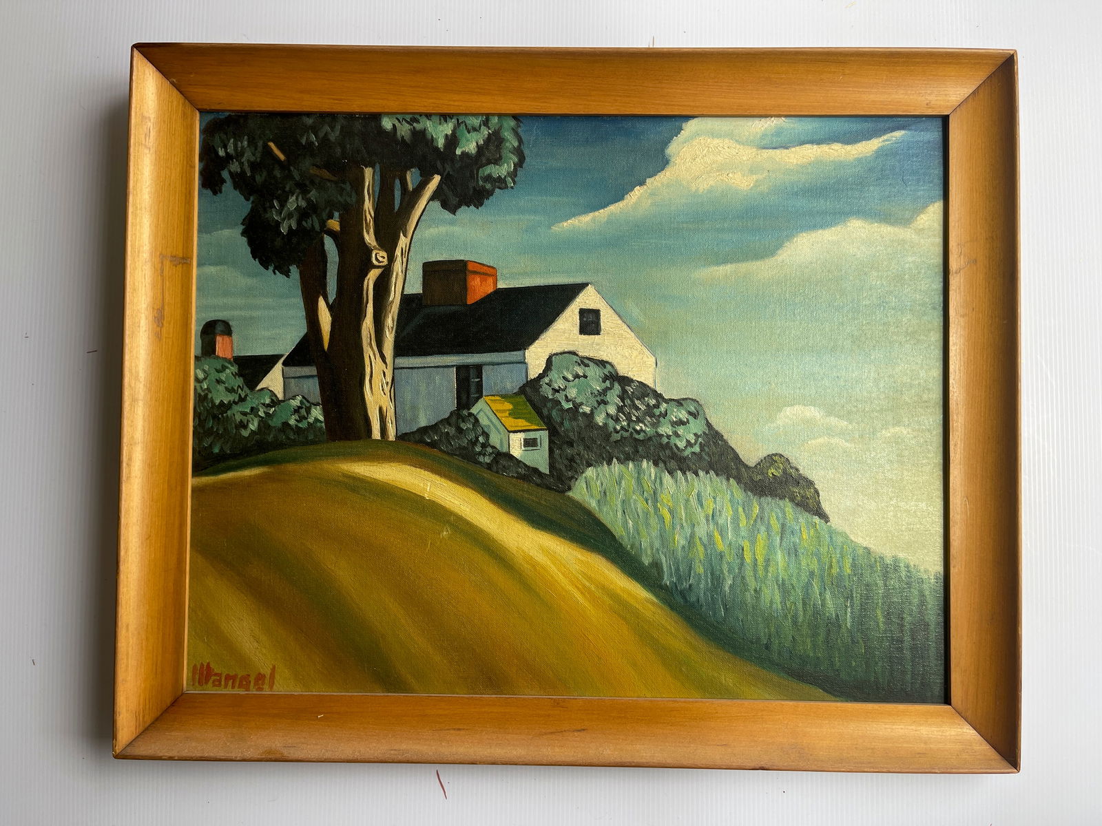 WANGEL - HOUSE ON A HILL: OIL ON BOARD. ART IS 19 X 15. FRAME IS 22 X 18.