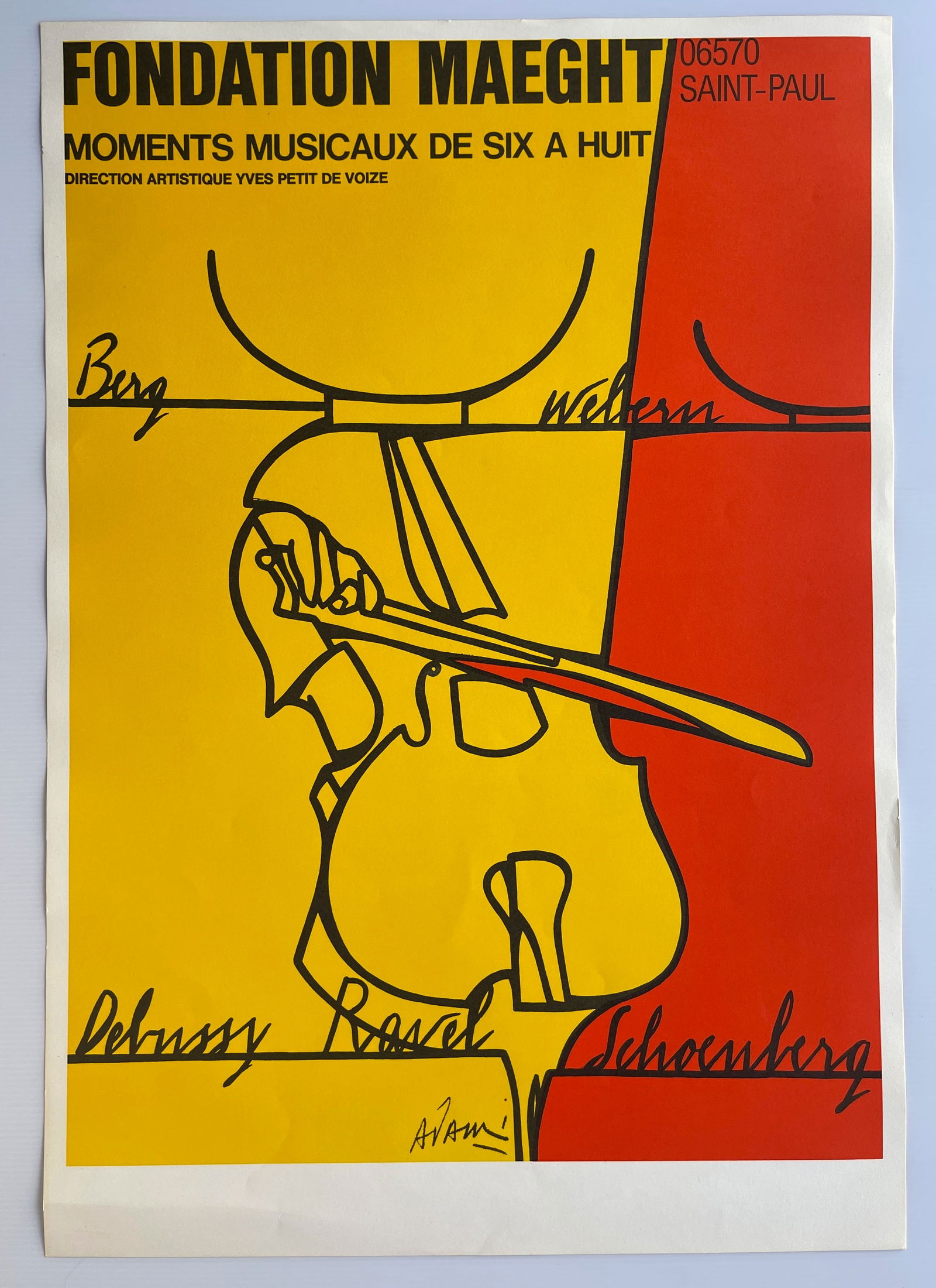vintage exhibition poster by the Italian artist Valerio Adami: vintage exhibition poster by the Italian artist Valerio Adami. Titled "Moments Musicaux de Six a Huit" (Musical Moments from Six to Eight), it was created for an event at the Fondation Maeght in Saint